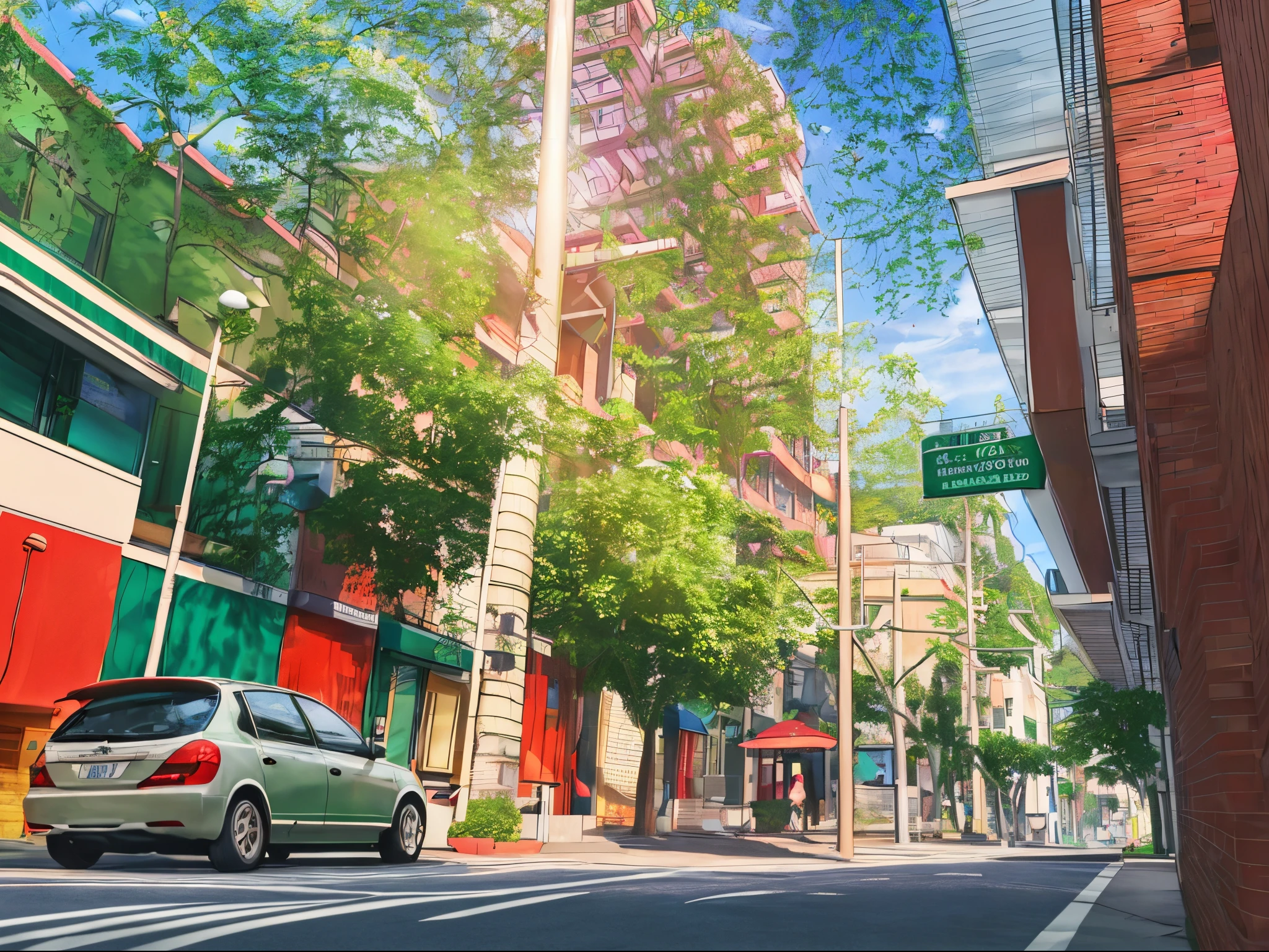 low angle shot, urban city streets, trees growing next to buildings, south american city in the 1800, urban city with green areas, cars driving left to right, lofi style, perfect draw lines, realistic buildings, vegetation growing around the buildings, 8k, masterpiece,