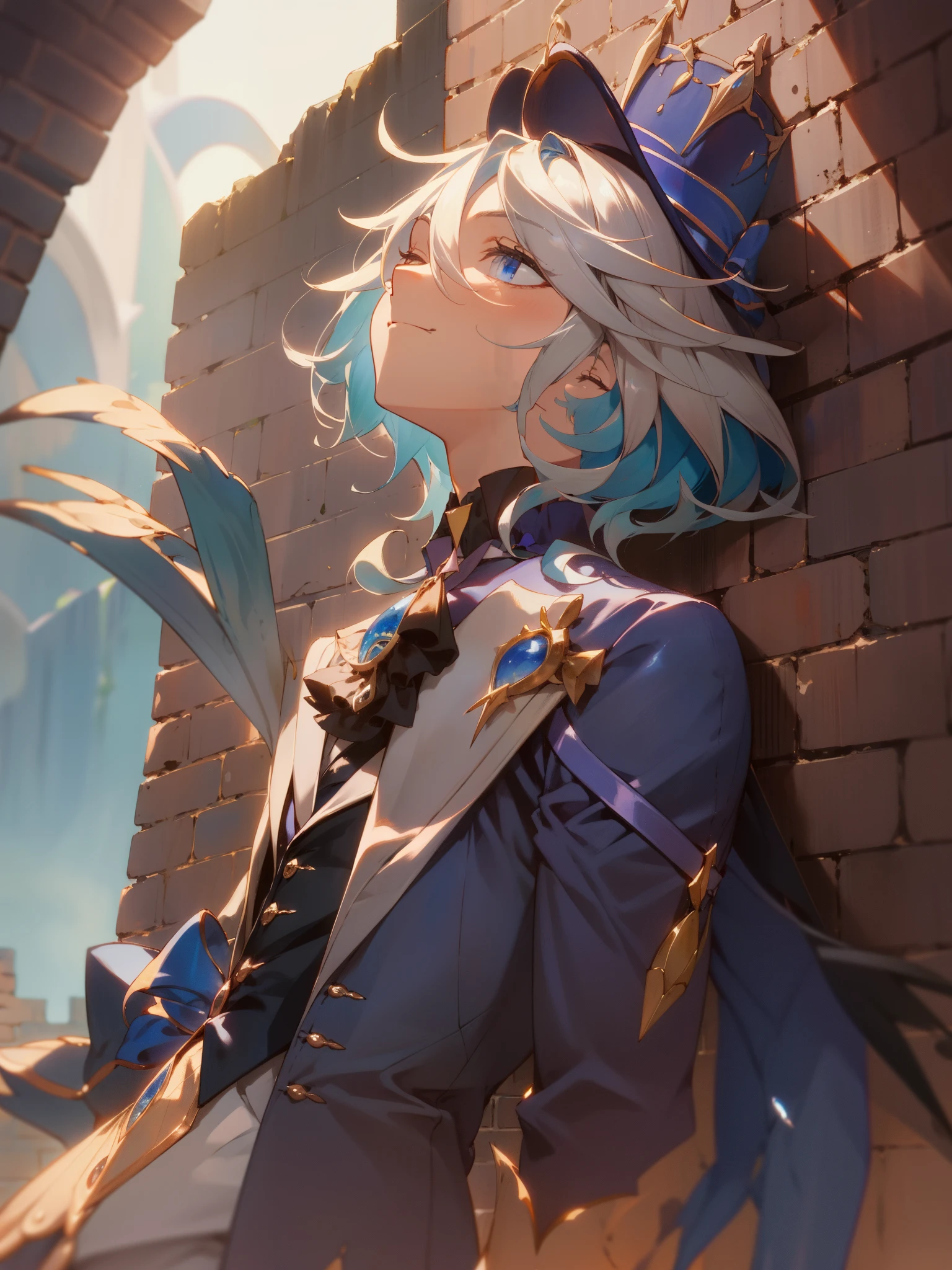arafed man leaning against a brick wall with his eyes closed, mid shot portrait, side portrait imagery,HD, (The finest details), (Best quality at best), (tmasterpiece, Best quality, A high resolution),Forina, tailcoat, upper part of body, close your mouth, ssmile, shorter pants, Top hat,