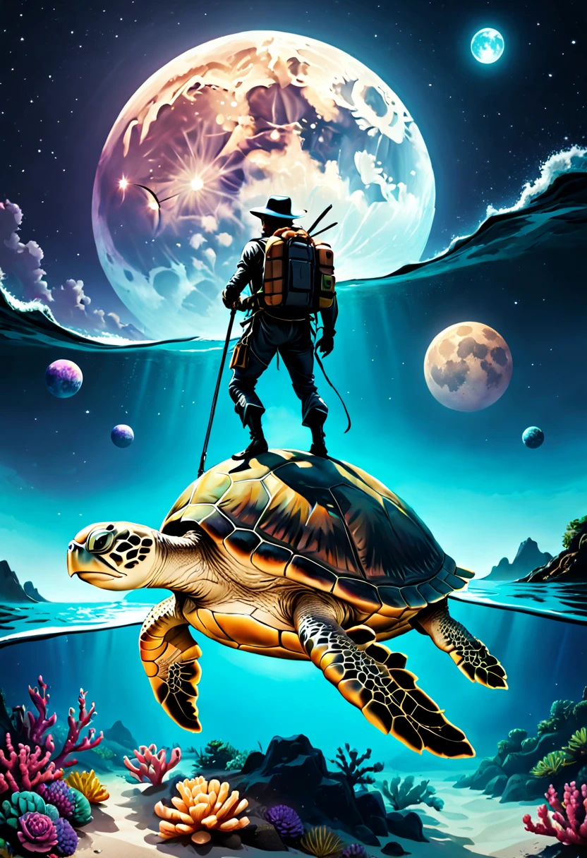 A man rides a turtle，Close-up of sea turtle on water surface，The background is the full moon, 8K, 16k,Amazing, Midnight theme, widescreen shooting, dark mode, Light mode, floating beside planets,  Dark theme night time, Lumine, Amazing, Canon f 1 , loose ingredients, Romantic moonlight seascape style, Colorful, eye-catching composition, Boldly saturated innovator style, neo-romanticism, Photos taken with Provia, iconic imagery, I can&#39;t believe how beautiful this is, Painting space, Simple