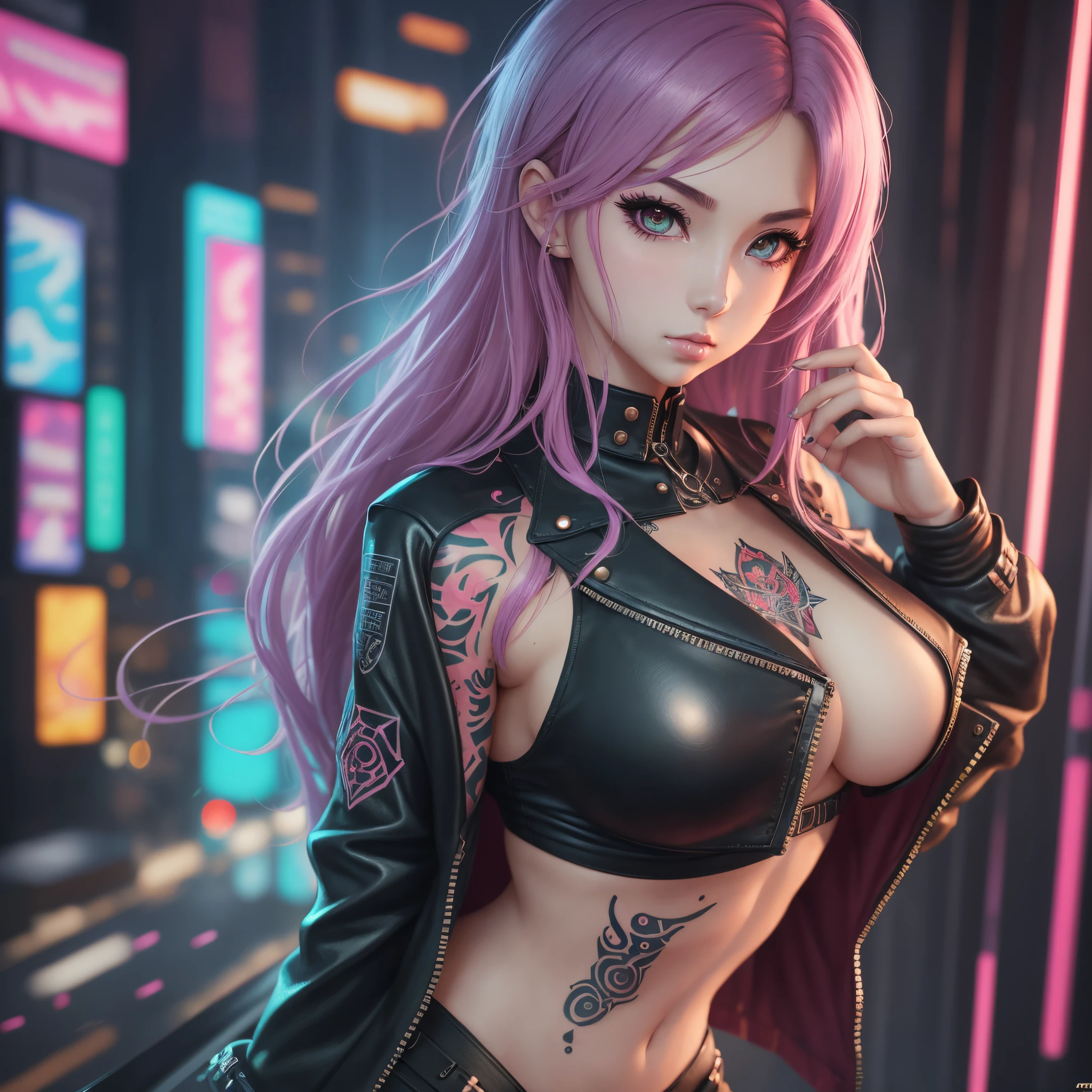 anime - style image of a woman in a leather outfit with a tattoo on her chest, oppai cyberpunk, cyberpunk 2 0 y. o model girl, female cyberpunk anime girl, cyberpunk anime girl, digital cyberpunk anime art, trending on cgstation, cyberpunk anime art, digital cyberpunk - anime art, anime cyberpunk art, cyberpunk girl, cyberpunk beautiful girl, in cyberpunk city, anime girl in real life, ross tran style, ava max, anime girl cosplay, amouranth, seductive anime girl, belle delphine, ross tran 8 k, in the style of ross tran, artgerm and lois van baarle, better known as amouranth --auto --s2