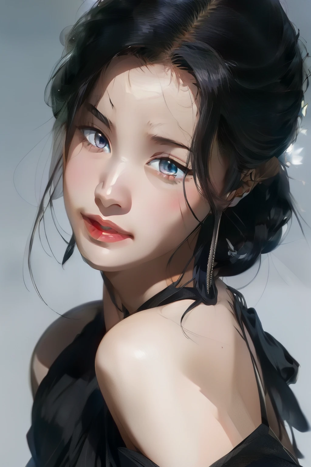 Best quality at best, tmasterpiece, black hair color hair, eBlue eyes,gently lowered her head, upper part of body,gallant,Ferocious,sharp vision