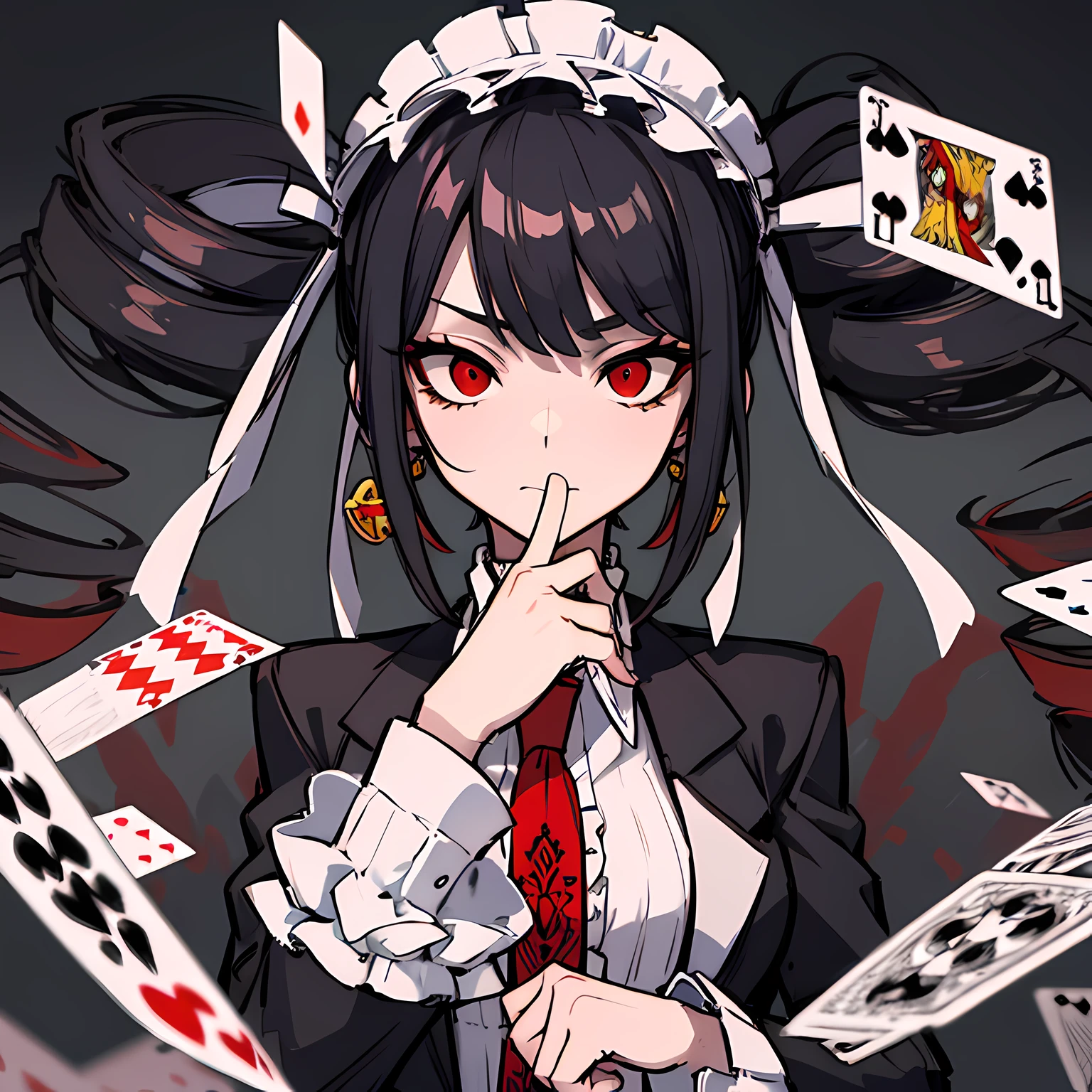 (absurdres, 8k, 4k, masterpiece, hyper extreme detailed:1.2), solo, front view portrait, best quality, portrait, solo, adult, cowboyshot, perfect anatomy, 1girl, perfect face, expressive eyes, perfect eyes ,celestia ludenberg, black hair, bonnet, drill hair, earrings, long hair, (red eyes:1.5), twin drills, twintails, bonnet, card, frills, gothic, jacket, jewelry, gothic fashion, long sleeves, necktie, red necktie, shirt, white shirt, half body, hands in pockets, casino background,