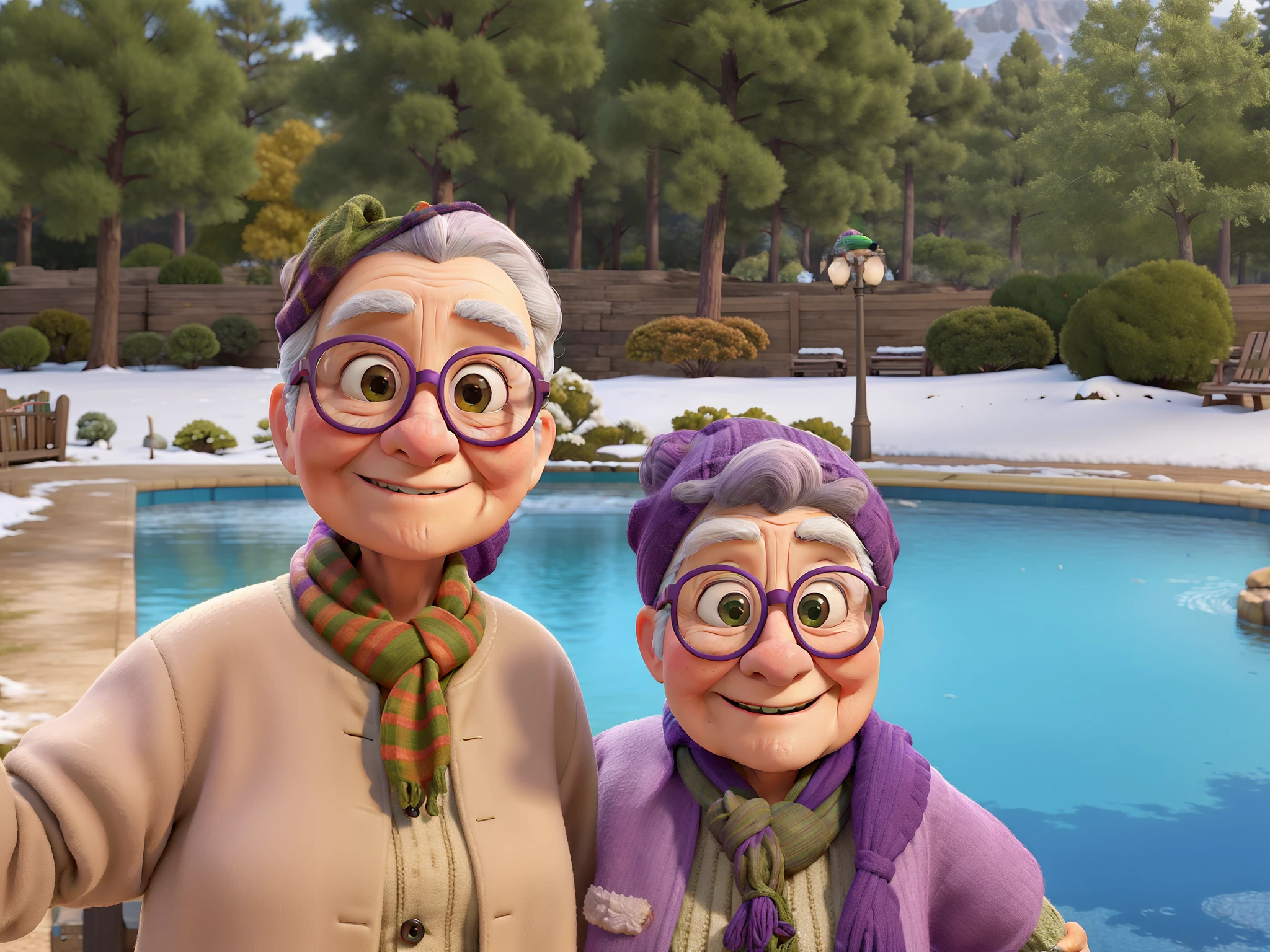 masterpiece, best quality, an old woman with glasses and a scarf on, wearing a purple coat and green scarf, standing at the park