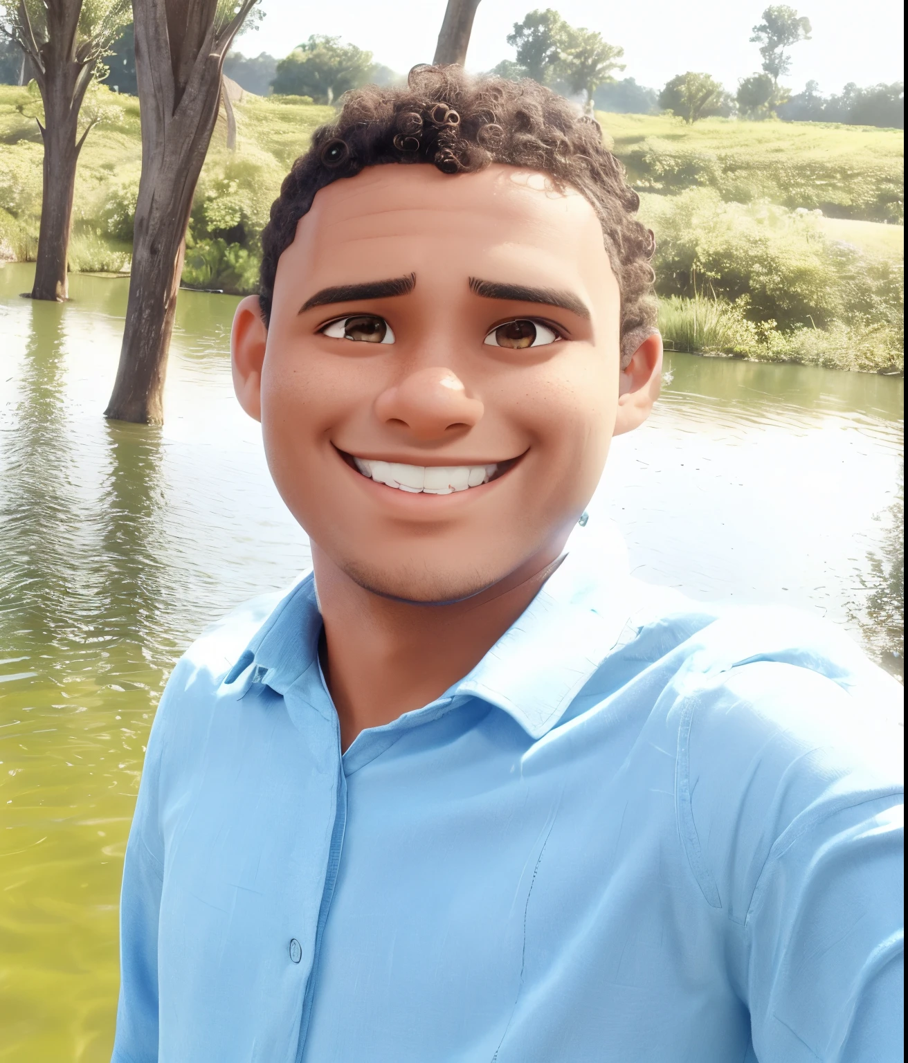 A man with dark skin, curly hair, smiling in front of a lake, wearing a blue shirt