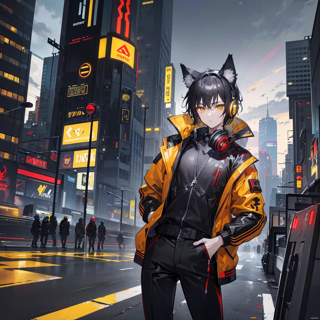 Masterpiece, high res, the body of a young man, Sci-fi jacket,, black pants, headphones around neck, wolf ears on head, Sci-fi city background, (short black hair, (Yellow eyes, wearing black and red Jacket)
