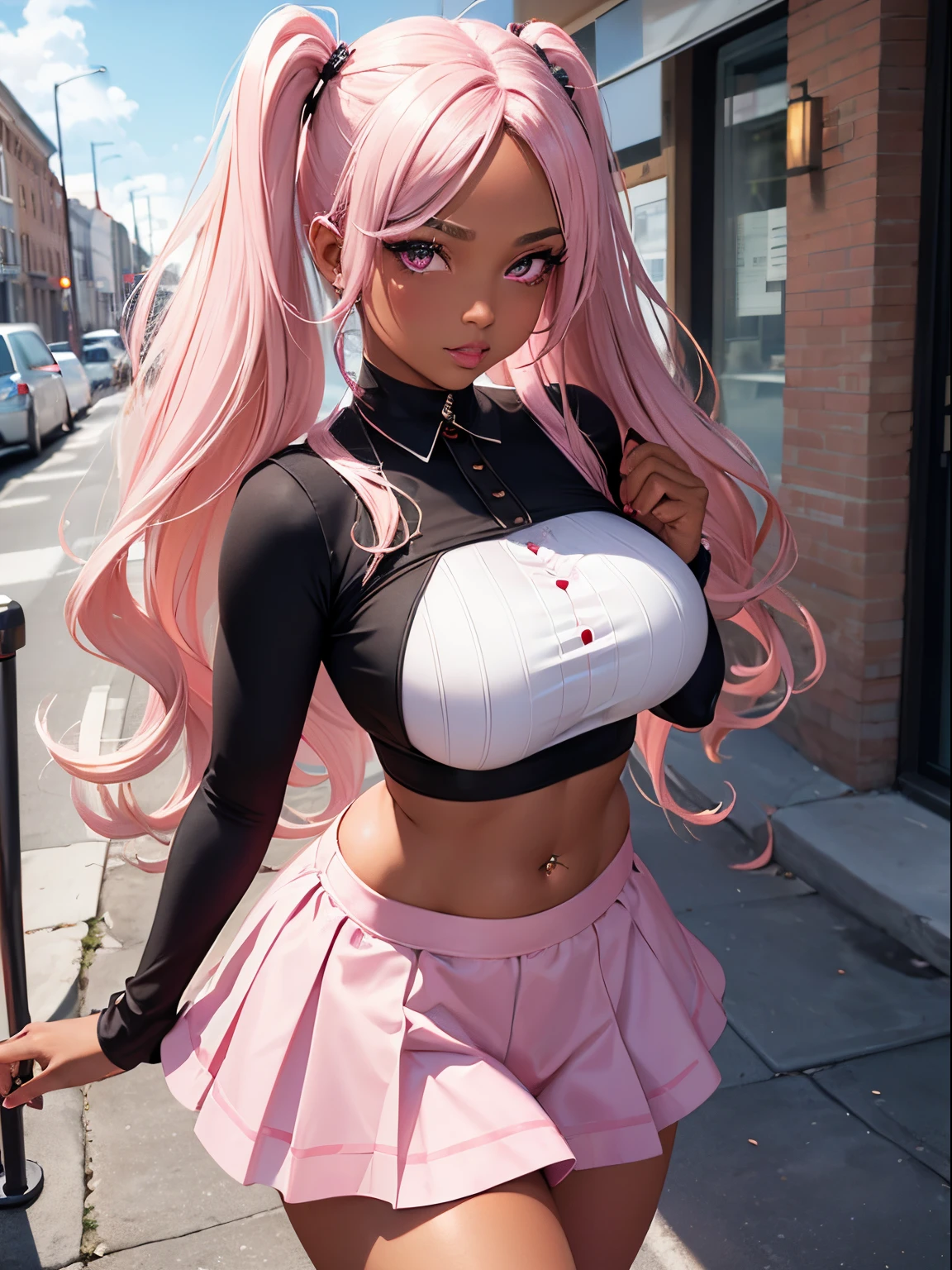 dark-skinned female+++++, detailed eyes, sparkling eyes, close-up , pink eyes, full lips, +thick lips, +full lips, big breast, blonde hair, pink highlights+++ belly piercing,,long hair, flat stomach, long eyelashes, lipgloss, smirk ,looking at viewer , HD++ , pink crop top , from above , pink background, corset , holding phone , clouds , pigtails , hearts , heart ornaments+ , septum piercing++ , walking , shopping , pink skirt , white polo , pink purse