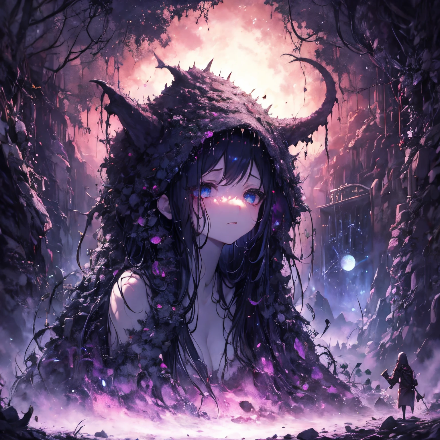 [Female Main Character[1 girl in, no smile, sparkling navy blue eyes, (black hair) , small stature, small breasts, loli, (masutepiece:1.2, Best Quality), (finely detailed beautiful eye: 1.2), (beautifull detailed face), (Best Illumination, extremely delicate and beautiful), long hair, collarbone, worn out tank top,]], [background [Deep in the expanses of the universe, The Dark God Awakens, Cthulhu, Ancient ones, With tentacles that make the heart tremble. A being with immeasurable power, Beyond human comprehension, Emerging from the abyss, The Ascension of the Universe. Imbued with grotesque forms and madness, Cthulhu, Great Old One, There is a planet in the middle, tentacles in universe, lovecraftian inspiration, Lovecraftian cosmic fear, lovecraftian hellscape, fantasy and cosmic horror movie, Lovecraftian atmosphere, lovecraftian, a planet in open space, ]]