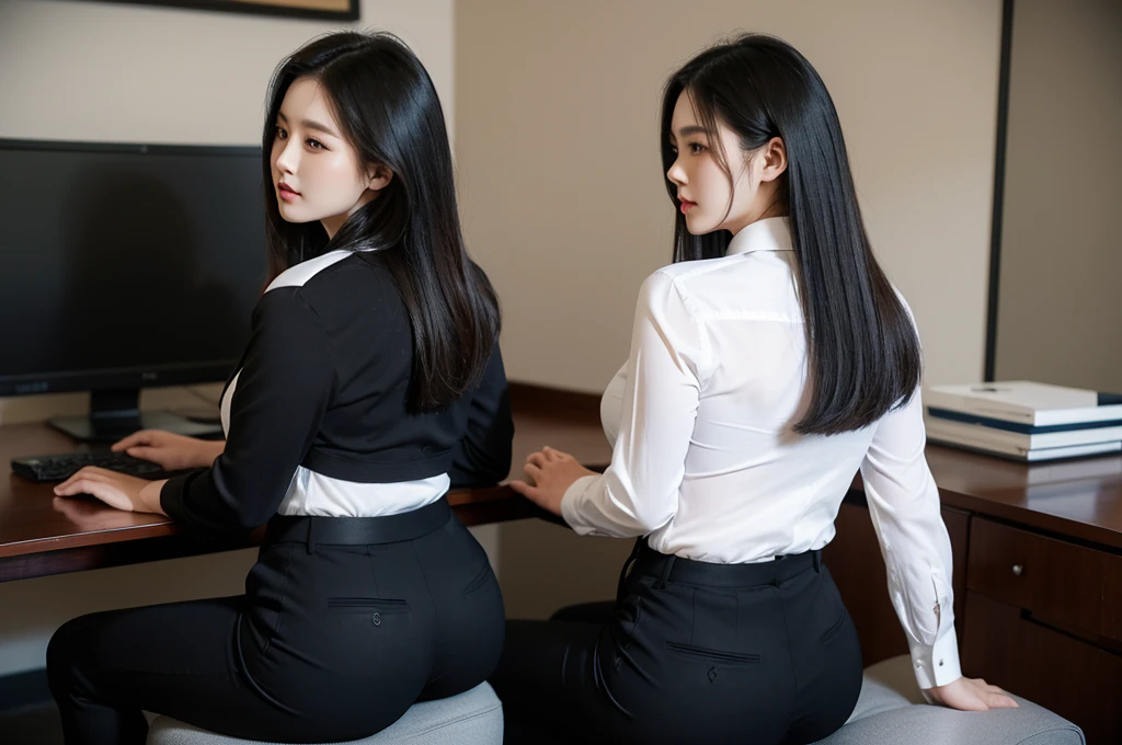 Super Beautiful Office Lady、Solo、(Plump ass)、Y shirt、Black suitpants、Portrait、posterior view、(((top-quality, masterpiece))), (((ighly detailed)))、I'm sitting on a chair and working