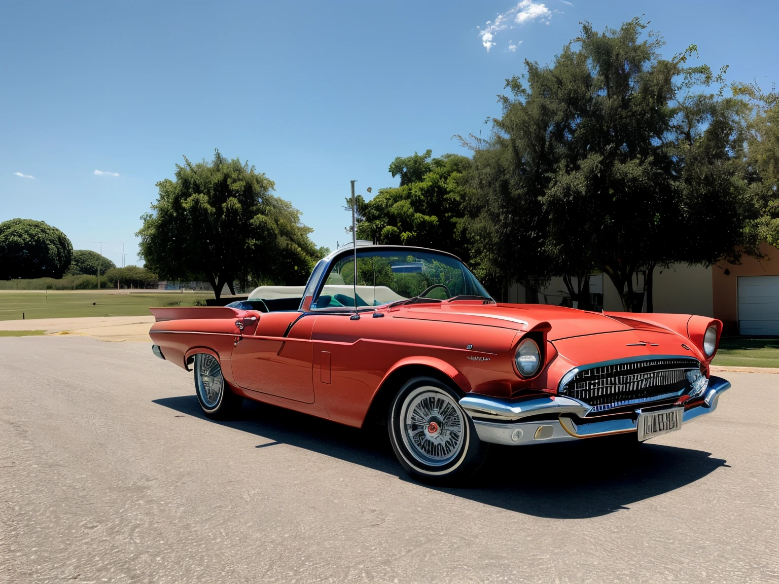 DIAGONAL CAMERA, obra prima, girl driving a 1959 ford thunderbird convertible COR cromado METALICO reflexivo, todo cromado preto, a pintura reflete a luz do sol, reflexo do brilho da luz na pintura, has GOLDEN WIDE STAR WHEEL is on fire, tem as rodas traseiras maiores, ridiculously lowered suspension at the front, dentro de uma garagem com paredes brancas, imagem em pose diagonal