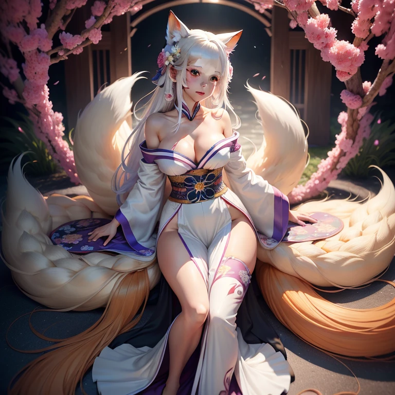 sfw)Nesta arte CG ultra-detalhada,The adorable nine-tailed fox is surrounded by ethereal flowers,Best quality at best,middlebreasts,usando kimono sensual e bonita,A high resolution,Detalhes complicados,genial,Animal bonito