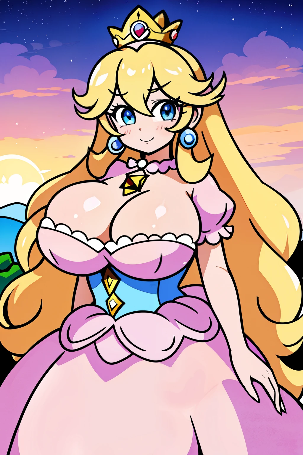 princesa peach, princess peach super mario bros, seios enormes, peito enorme, oppai proportion, sorrindo e ascenando na porta do castelo, vestido branco com decote grande no colo dos seios, anime anos 80