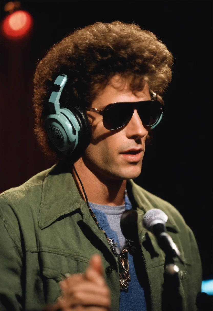The image is of the character dressed up as a 90s shock jock, sitting behind a radio microphone with headphones on, engaging in a lively and controversial on-air conversation.,original,Howard in the 1990s, the renowned radio personality, was known for his distinctive, long curly hair that fell past his shoulders, often paired with dark sunglasses, projecting a rock star-like image. His tall, slender frame was typically clad in casual, yet stylish attire, reflecting his nonconformist attitude and presence in the entertainment world.