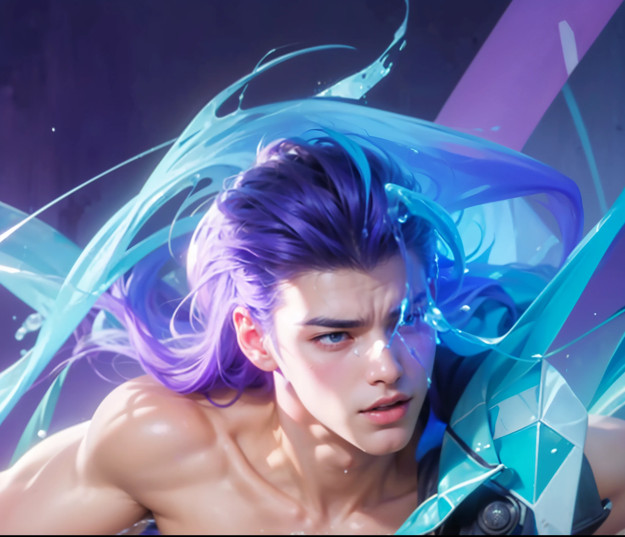 (max resolution: 1.2), (Ultra HDTV: 1.2), 8K resolution, Eye and skin details, detailed facial features, , (Sharp focus: 1, 2), ( Accurate focus) facial expressions: 1,2), 1 boy standing, 20-25 years old, (Blue hair mixed with light purple), (Shirtless), Shirtless, Perfect muscles, 8 pack, (light sweat, white fluid,  splashing all over the body), (Black briefs), Blue sky, Tree mortar, Transplant, ((Little drops of water on 8-pack abs)), (((water, water))),  splashed all over his face,  splashed all over his abs,  splashed all over his body, his face turned red from embarrassment. ((There is a faint word SelenaAI in the corner of the photo)),