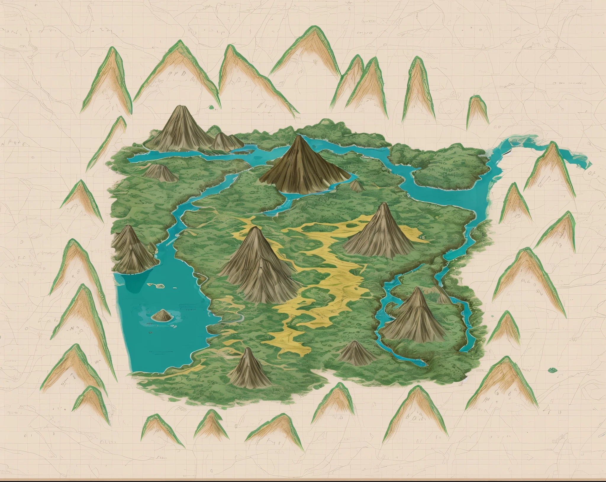 a map of a massive crater with blue rivers and lush green jungle, old dormant volcano with prehistorical life and mighty mountains, old worn yellowish paper, colorful final fantasy map, game map