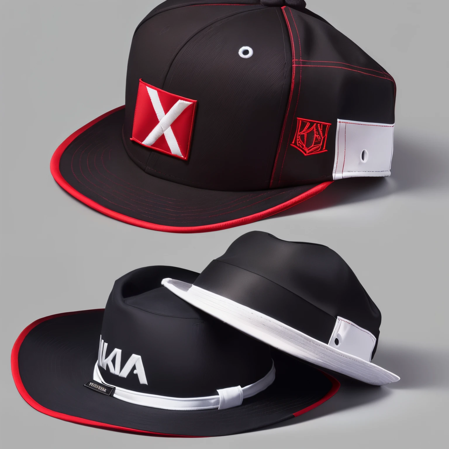 Black hat with red letters spelling out “Lokal Teams” and another Black hat with white letters spelling out “Embroidered Hats”. These hats should be slightly tilted towards each other and with a medium gray background.