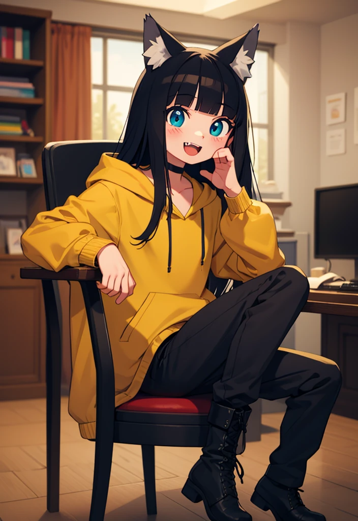 best quality, masterpiece, highly detailed, kawaii, BREAK (short boy:1.3), 1boy, solo, (Long hair, straight hair, black hair, blunt bangs, azure eyes:1.3), (wolf ears), choker, fangs, blush, (realistic:0.8), (sitting in chair, holding a gaming control.) (oversized clothes, puffy sleeves, red and yellow hoodie, black boots, black pants), happy, :D, BREAK cute aesthetic illustration, stylized digital art, colorful paint style,