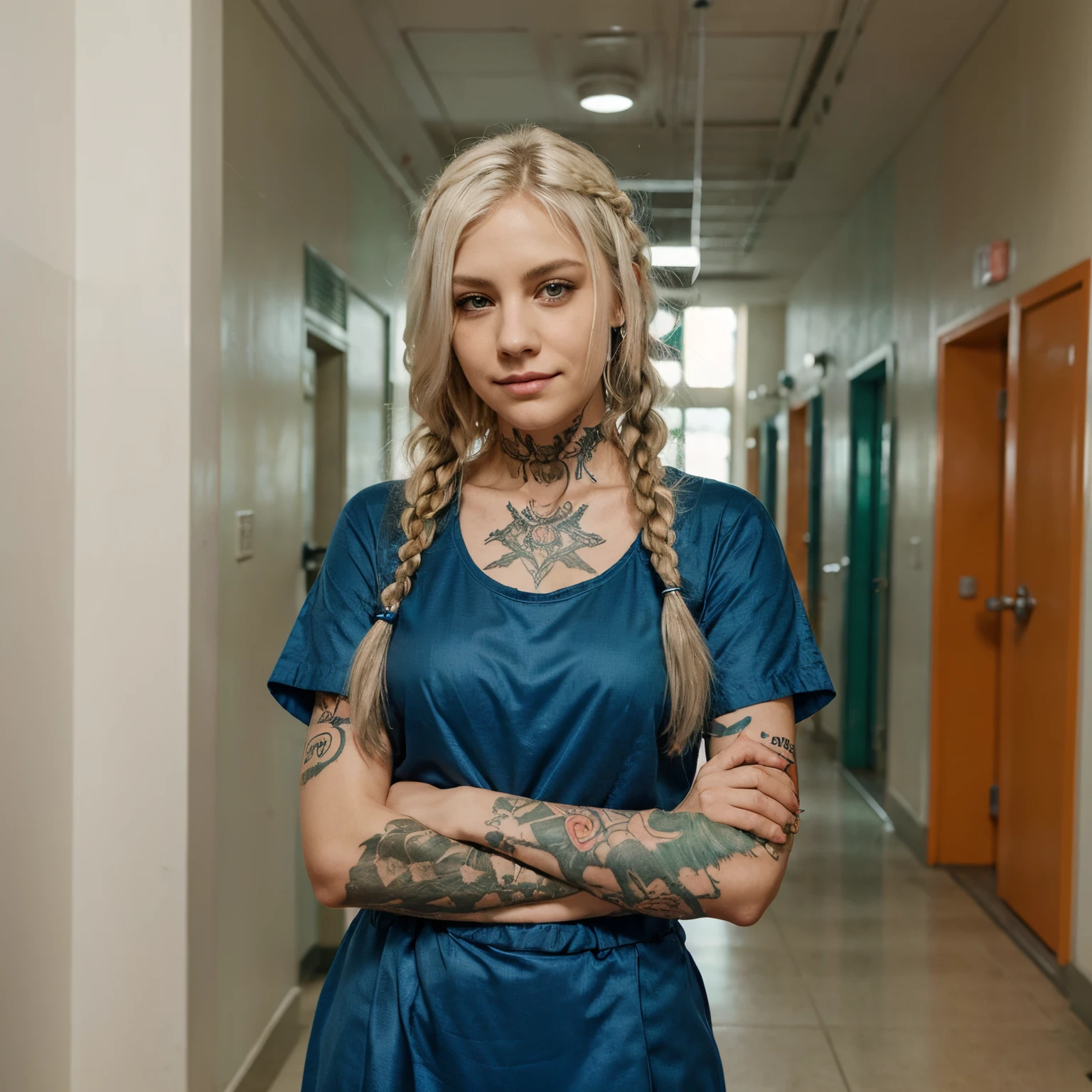 WebToon style. Manga.  a female with very long white hair in braid. shes in a blue prison uniform. Tattoos on her arms. Tattoos on her neck. Tattoos on her chest. Tattoos on her face. Smirk expression. Prison hallway background. Emerald green eyes. orange is the new black