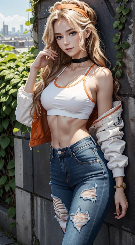 A 23-year-old white woman with unparalleled beauty.、blue eyess、dark blonde、hair is wavy、Longhaire、wears a red headband on his head、The ends of the hair are curled upwards、Leaning against the ivy-covered wall of the ruins.、a smile、View from the front、She is wearing an orange and white sports bra made by a sports manufacturer.、wearing a black choker、I&#39;m wearing hot pants made of jeans fabric with tight distressing.、The navel is out、My abs are cracked、Slender yet well-proportioned body、sunlight is shining from above、Photorealistic images、8K picture quality、I&#39;m punching my chest、I don&#39;t want my head to disappear from the screen.、The color of the jacket is random、I&#39;m wrapping my jacket around my waist、I'm pulling my hair up、Wearing accessories on your wrist、Only one leg is wearing thigh-high orange stockings.