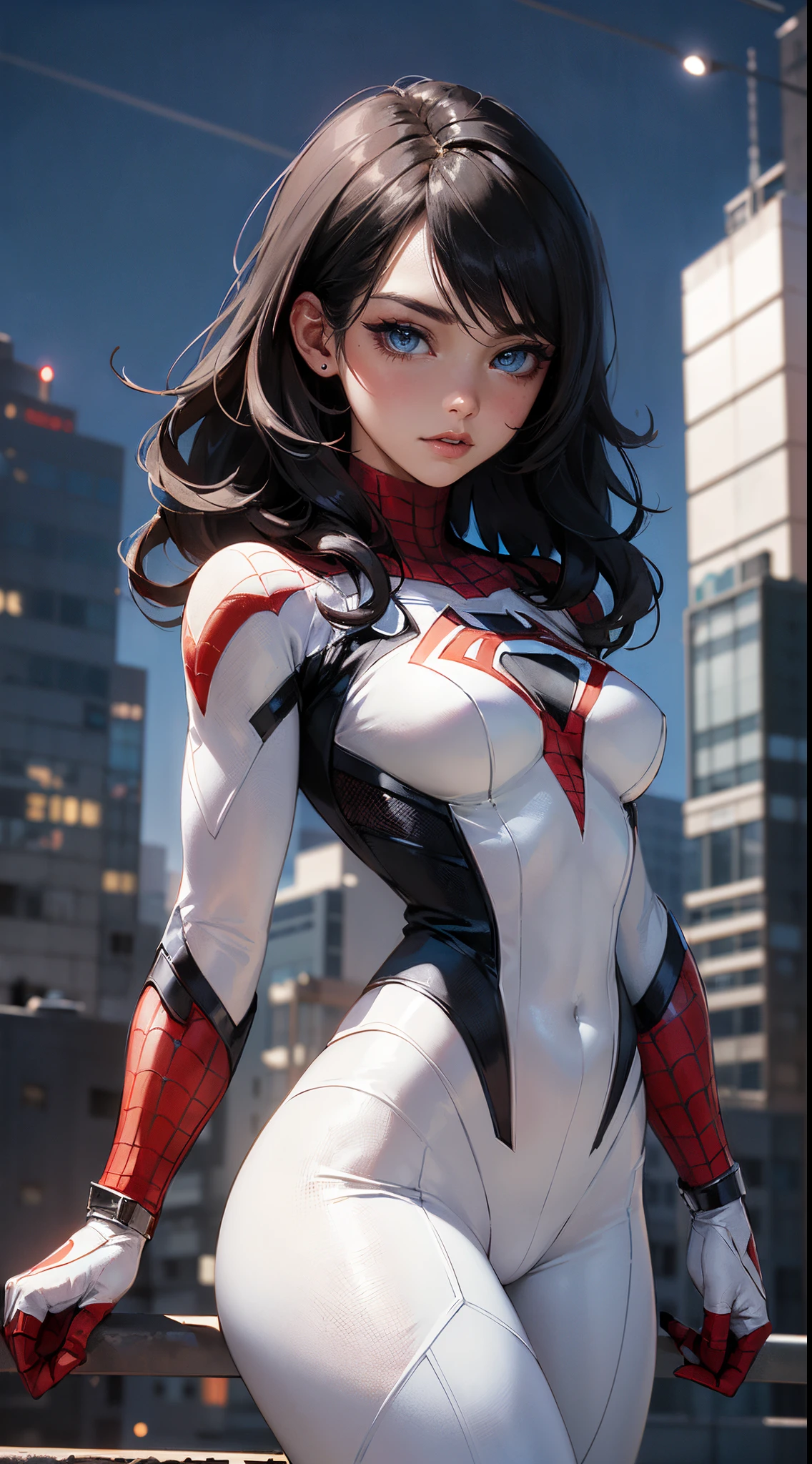 (obra maestra、4k-resolution、Un hiperrealista、ighly detallado、Dale la espalda), (White superhero theme、carisma、There&#39;s a girl dressed as white spider-man over the city.、de espaldas。she is a superhero)、 [((25-years old)、(Pelo largo y negro de cola de caballo:1.2)、cuerpo completo Esbian、(ojos azules:1.2))、((Entorno urbano arenoso):0.8)|(Un paisaje urbano、Noche、dynamic light)、(luna llena)]#ilustrar:Indications are mainly ultra high definition、Muy real、Describe pinturas 4K altamente detalladas。A superheroine in a white Spiderman costume is depicted high above the city.。The subject of the photo is black superheroes。