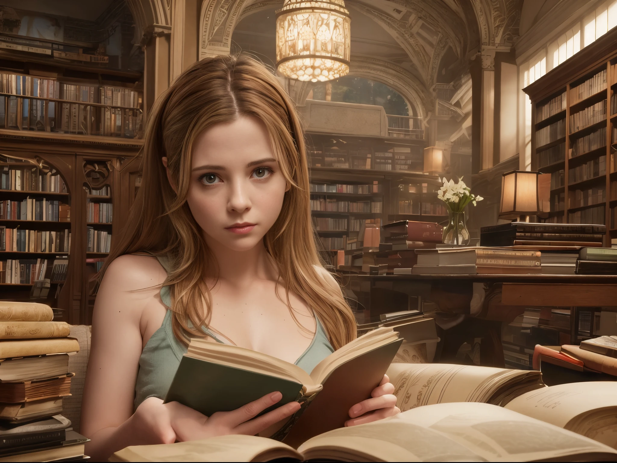 Transform the # Plex interface into a tranquil, hyperrealistic library where DVDs are replaced with ancient, enchanted books. Create an atmosphere where Buffy and other characters from the show are portrayed as ethereal guardians of knowledge. Utilize octane rendering to enhance the realism and richness of the library setting.