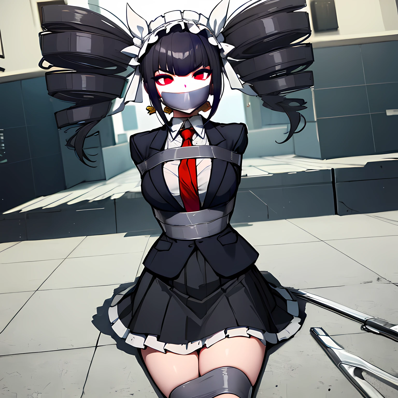 (absurdres, 8k, 4k, masterpiece, hyper extreme detailed:1.2), solo, front view portrait, best quality, portrait, solo, adult, cowboyshot, perfect anatomy, 1girl, perfect face, expressive eyes, perfect eyes ,celestia ludenberg, black hair, bonnet, drill hair, earrings, long hair, (red eyes:1.5), twin drills, twintails, bonnet, card, frills, gothic, jacket, jewelry, gothic fashion, long sleeves, necktie, red necktie, shirt, white shirt, half body, casino background, bound, bondage, (arms behind back:1.4), bdsm, tape gag, tape, tape bondage, restrained, best anatomy, half body, tape wrapped, wrap gag, tightly bound, tape wrapped around face, black skirt,