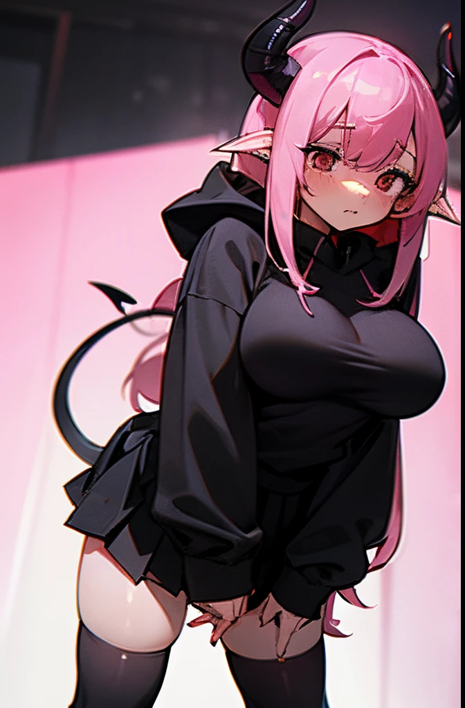 Succubus, shy, nervous, mid-20s, gigantic breasts, shy, emo pink hair, small horns, baggy black hoodie, short pleated skirt, knee-high socks, demon tail, in a store