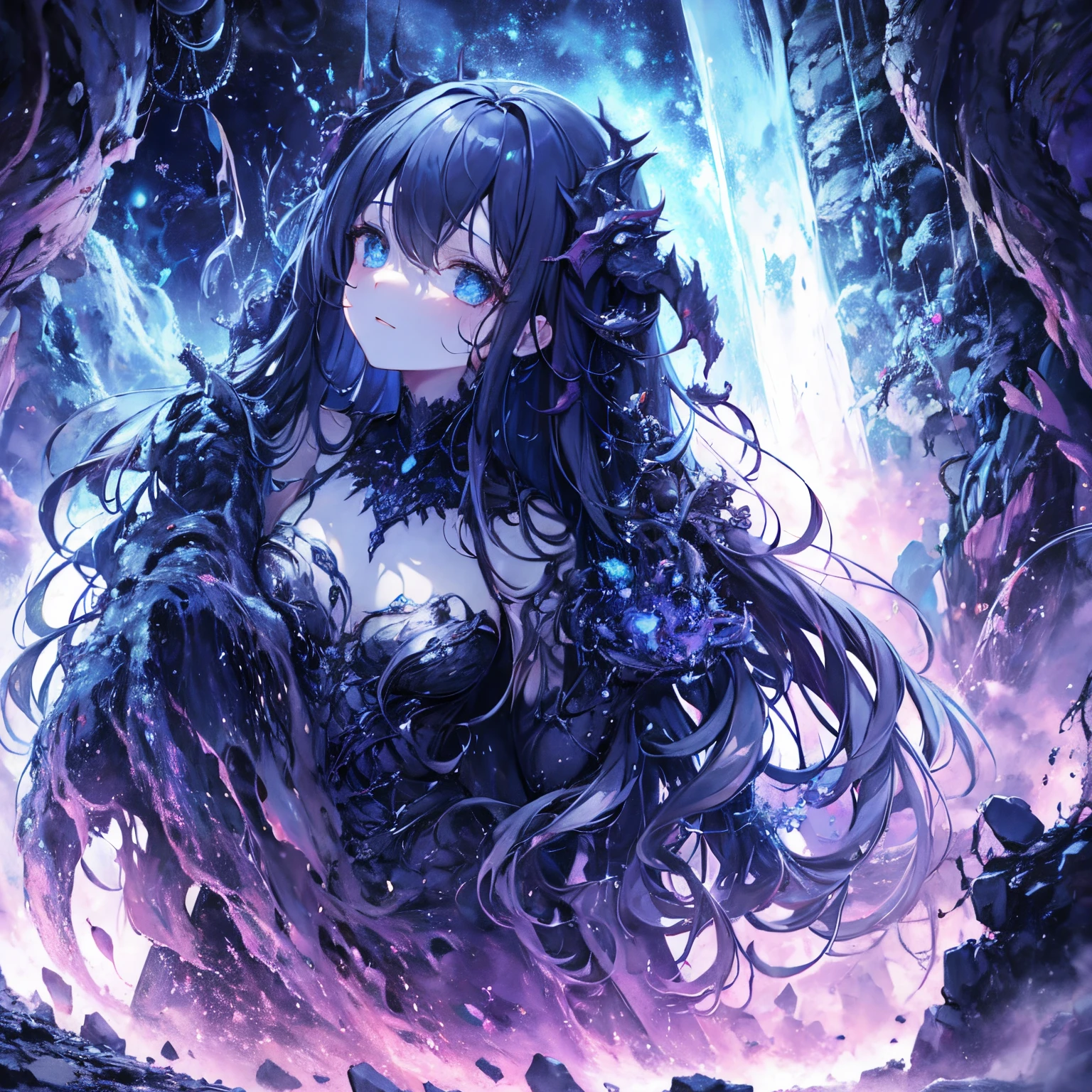 [Female Main Character[1 girl in, no smile, sparkling navy blue eyes, (black hair) , small stature, small breasts, loli, (masutepiece:1.2, Best Quality), (finely detailed beautiful eye: 1.2), (beautifull detailed face), (Best Illumination, extremely delicate and beautiful), long hair, collarbone, worn out tank top,]], [background [Deep in the expanses of the universe, The Dark God Awakens, Cthulhu, Ancient ones, With tentacles that make the heart tremble. A being with immeasurable power, Beyond human comprehension, Emerging from the abyss, The Ascension of the Universe. Imbued with grotesque forms and madness, Cthulhu, Great Old One, There is a planet in the middle, tentacles in universe, lovecraftian inspiration, Lovecraftian cosmic fear, lovecraftian hellscape, fantasy and cosmic horror movie, Lovecraftian atmosphere, lovecraftian, a planet in open space, ]]