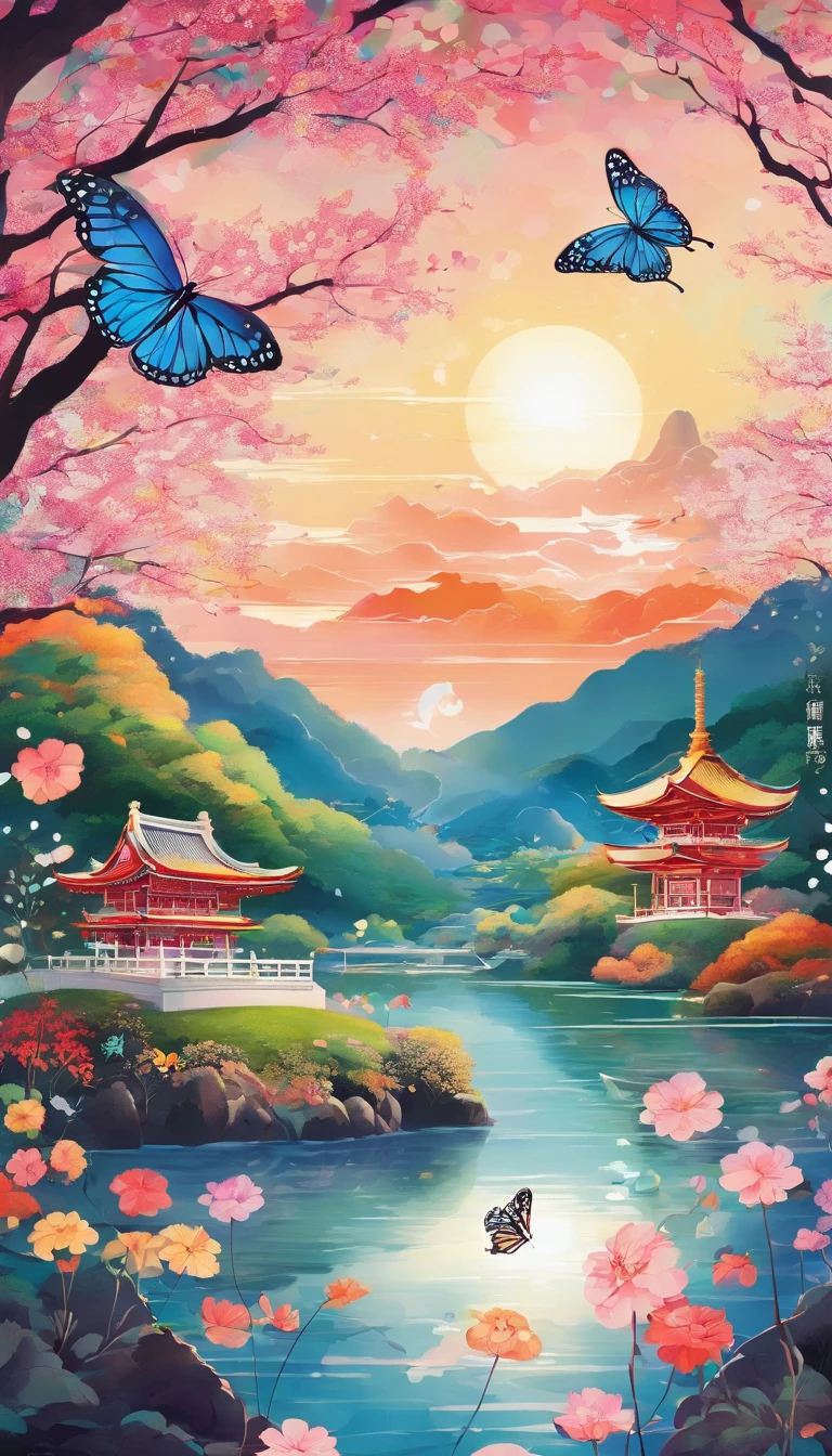 Beautiful energy art that gives power to those who see it。Landscape Images。butterflies dancing on the riverside。Fantastical。Dreamy。Fantasia。