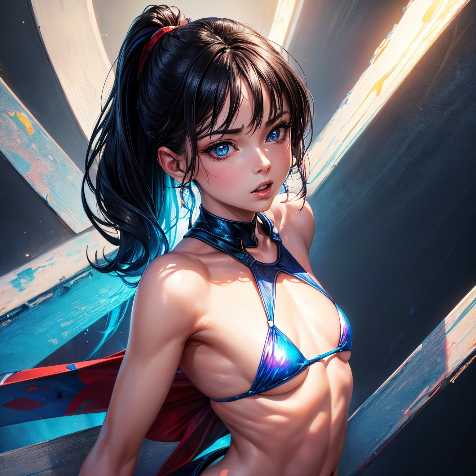 super high quality, (8k, RAW photo, realistic), detailed and delicate depiction and flashy and dynamic painting method, very beautiful woman, annoying sexy expressions, shining blue big eyes, (flat chest:1.3), slender, abs, ass, red big thick lips, wearing micro thong bikini, black messy ponytail, background colorful wall, iridescent, professional flare lighting