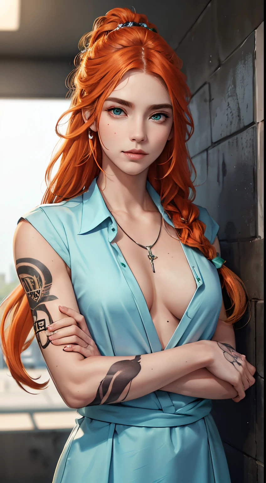 WebToon style. Manga. Tall male with long ginger hair,. wearing professional clothing. light blue eyes. Staring down at her.Soft smile. muscular. kissing a female with very long white hair in braid. shes in a blue prison uniform. Tattoos on her arms. Tattoos on her neck. Tattoos on her chest. Tattoos on her face. Smirk expression. Prison hallway background. Emerald green eyes. orange is the new black