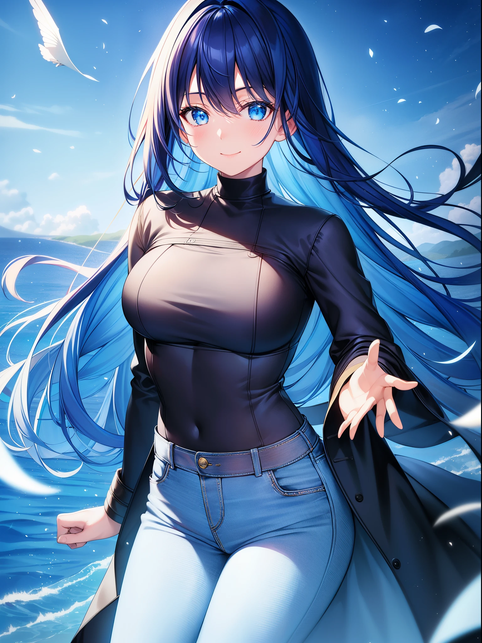 (RAW Photos, Top Quality, Masterpiece), (Real, Photoreal), 1 Girl, Solo, Akane, Blue Hair, Black High Neck Long Sleeves, Coat, Jeans, 3D, Realistic, Live Action, CG, Glowing Hair, Fluttering Hair, Lustrous Skin, Smile