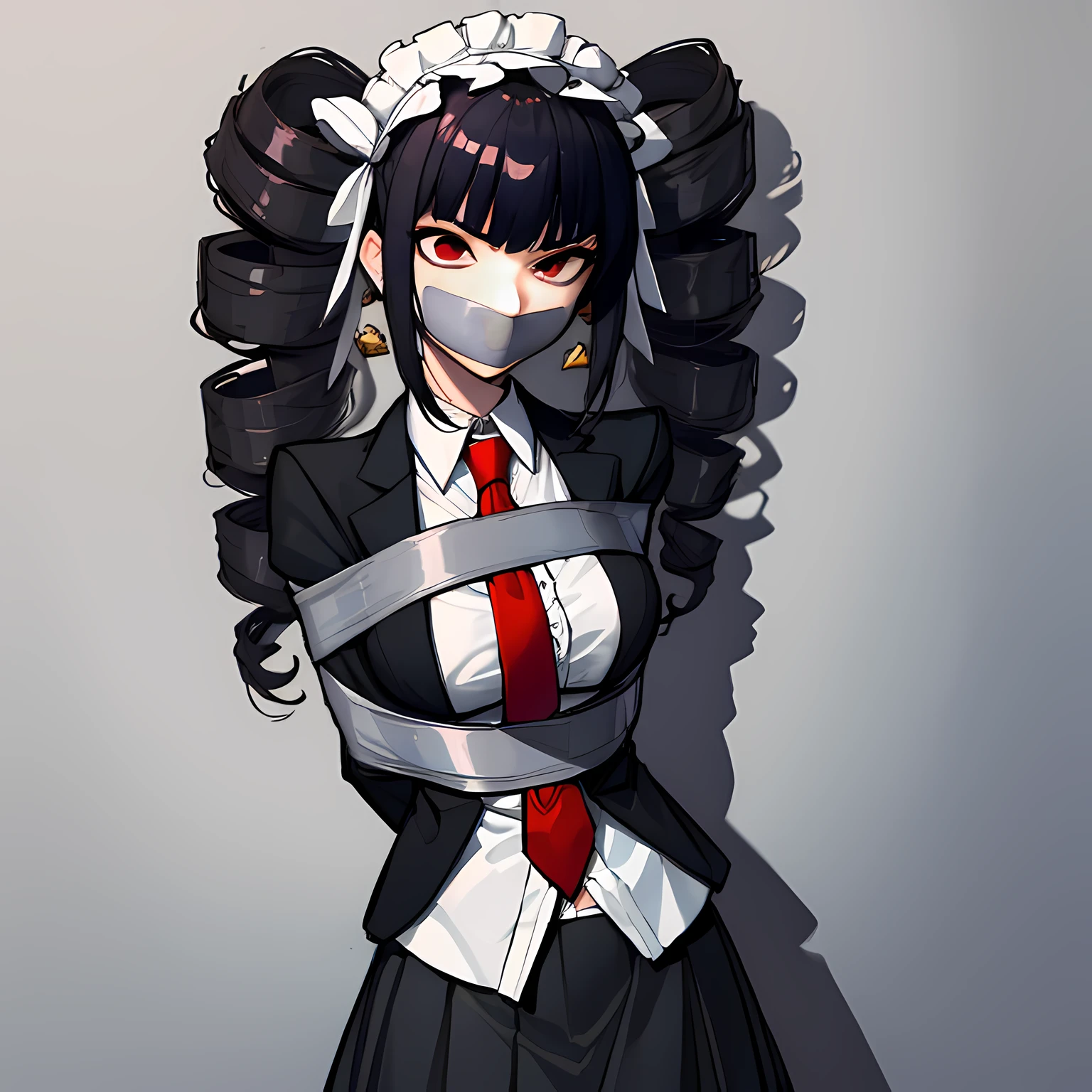 (absurdres, 8k, 4k, masterpiece, hyper extreme detailed:1.2), solo, front view portrait, best quality, portrait, solo, adult, cowboyshot, perfect anatomy, 1girl, perfect face, expressive eyes, perfect eyes ,celestia ludenberg, black hair, bonnet, drill hair, earrings, long hair, (red eyes:1.5), twin drills, twintails, bonnet, card, frills, gothic, jacket, jewelry, gothic fashion, long sleeves, necktie, red necktie, shirt, white shirt, half body, casino background, bound, bondage, (arms behind back:1.4), bdsm, tape gag, tape, tape bondage, restrained, best anatomy, half body, tape wrapped, wrap gag, tightly bound, tape wrapped around face, black skirt,