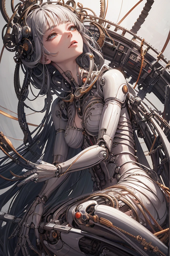 (((masterpiece))), (((best quality))), ((ultra-detailed)), (highly detailed CG illustration), ((an extremely delicate and beautiful)),(from side),cinematic light,((1mechanical girl)),solo,full body,(machine made joints:1.2),((machanical limbs)),(blood vessels connected to tubes),(mechanical vertebra attaching to back),((mechanical cervial attaching to neck)),(sitting),expressionless,(wires and cables attaching to neck:1.2),(wires and cables on head:1.2)(character focus),science fiction,white background, extreme detailed,colorful,highest detailed