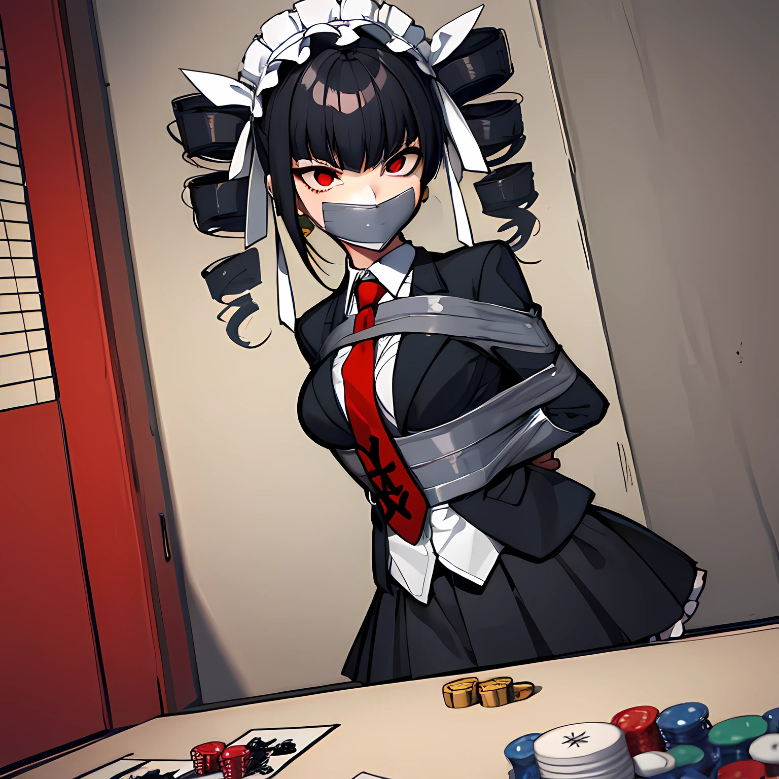 (absurdres, 8k, 4k, masterpiece, hyper extreme detailed:1.2), solo, front view portrait, best quality, portrait, solo, adult, cowboyshot, perfect anatomy, 1girl, perfect face, expressive eyes, perfect eyes ,celestia ludenberg, black hair, bonnet, drill hair, earrings, long hair, (red eyes:1.5), twin drills, twintails, bonnet, card, frills, gothic, jacket, jewelry, gothic fashion, long sleeves, necktie, red necktie, shirt, white shirt, half body, casino background, bound, bondage, (arms behind back:1.4), bdsm, tape gag, tape, tape bondage, restrained, best anatomy, half body, tape wrapped, wrap gag, tightly bound, tape wrapped around face, black skirt, solo, 1girl,