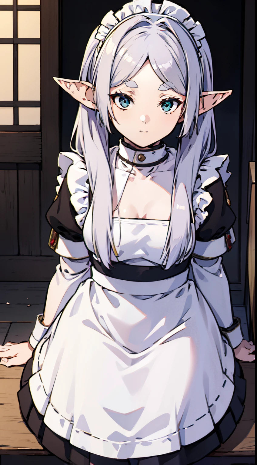 (Best quality, On a table),Sexy maid， teen girl，NSFW, 1 girl in, Green-eyed , ssmile, Hourglass figure, grey long hair，the maid outfit，dual horsetail, elvish ears、inside a room、small tit、Black background has the best quality, tmasterpiece, 1 slim girl, (Alone:1.1), ray traycing, ultra - detailed,Detailed faces, 8k wallpaper, Wide hips, Takashi Furi NDV, 1 slim girl, White hair, dual horsetail, eBlue eyes, mediuml breasts, Long gray hair, pointy ears, maids, Parted bangs, White shawl, White dress, obi strip, longer sleeves,  External, sitted, hooded, 围巾, Yuki, Winters，Solemn maid outfit，lie，sitting down，A throne