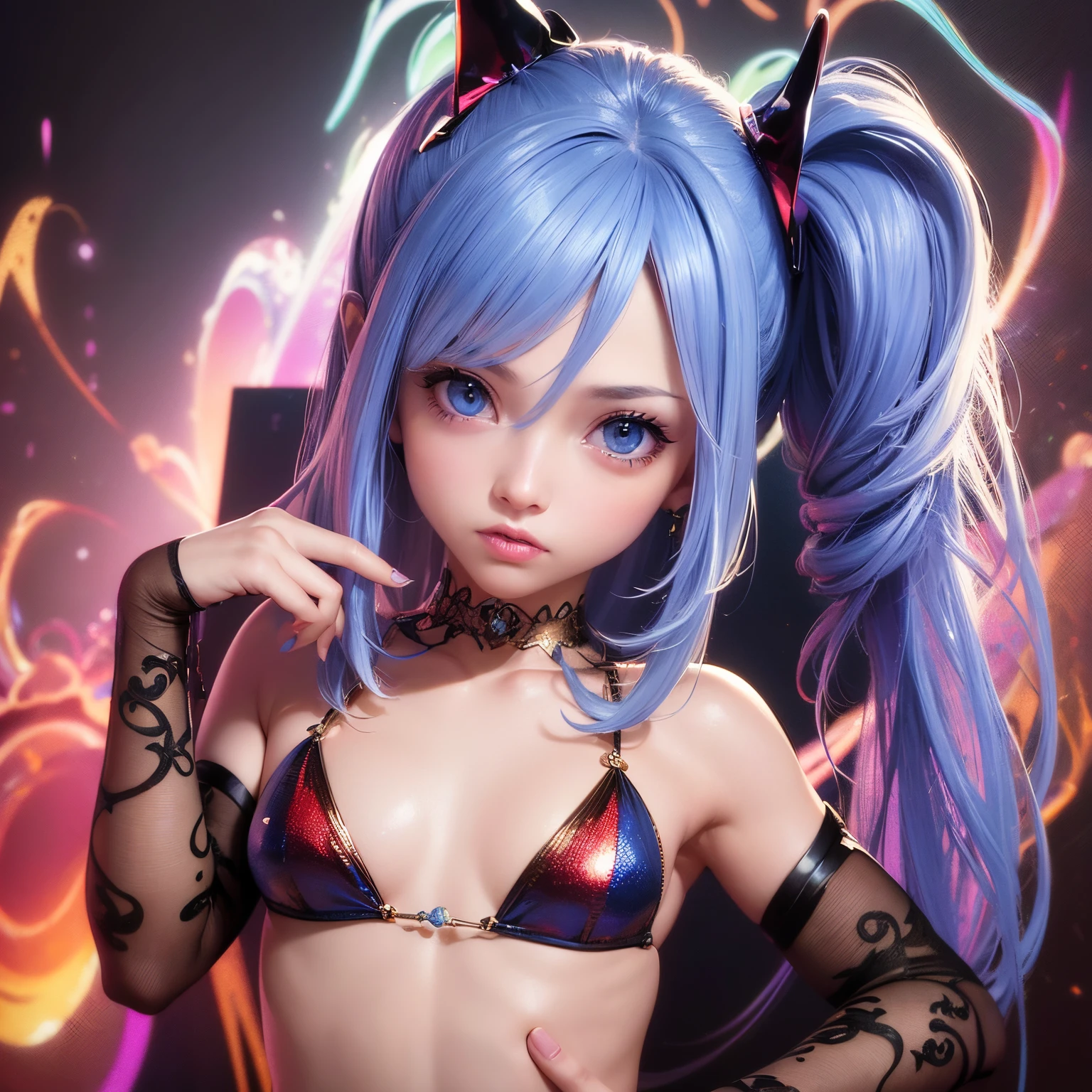 super high quality, (8k, RAW photo, realistic), detailed and delicate depiction and flashy and dynamic painting method, very beautiful woman, annoying sexy expressions, shining blue big eyes, (flat chest:1.3), slender, abs, ass, red big thick lips, wearing micro thong bikini, black messy ponytail, background colorful wall, iridescent, professional flare lighting