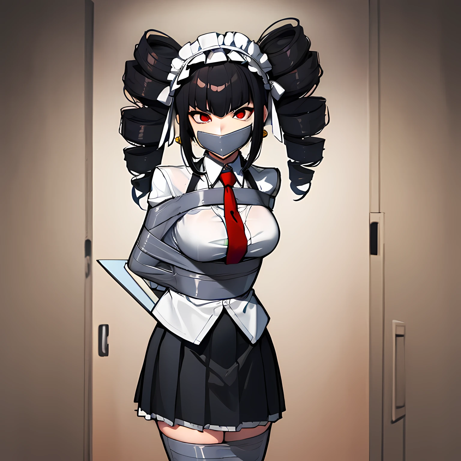 (absurdres, 8k, 4k, masterpiece, hyper extreme detailed:1.2), solo, front view portrait, best quality, portrait, solo, adult, cowboyshot, perfect anatomy, 1girl, perfect face, expressive eyes, perfect eyes ,celestia ludenberg, black hair, bonnet, drill hair, earrings, long hair, (red eyes:1.5), twin drills, twintails, bonnet, card, frills, gothic, jacket, jewelry, gothic fashion, long sleeves, necktie, red necktie, shirt, white shirt, half body, casino background, bound, bondage, (arms behind back:1.4), bdsm, tape gag, tape, tape bondage, restrained, best anatomy, half body, tape wrapped, wrap gag, tightly bound, tape wrapped around face, black skirt, solo, 1girl