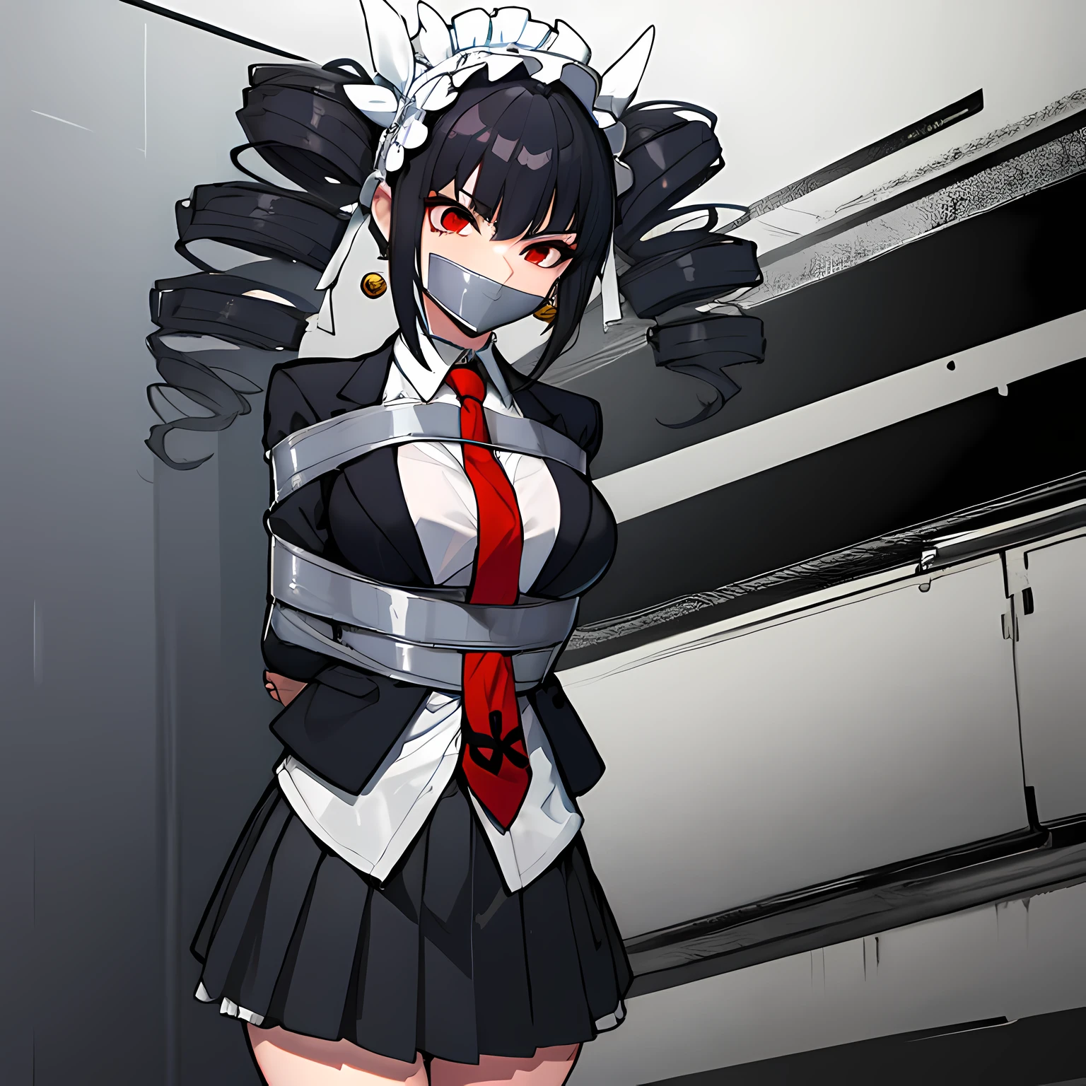(absurdres, 8k, 4k, masterpiece, hyper extreme detailed:1.2), solo, front view portrait, best quality, portrait, solo, adult, cowboyshot, perfect anatomy, 1girl, perfect face, expressive eyes, perfect eyes ,celestia ludenberg, black hair, bonnet, drill hair, earrings, long hair, (red eyes:1.5), twin drills, twintails, bonnet, card, frills, gothic, jacket, jewelry, gothic fashion, long sleeves, necktie, red necktie, shirt, white shirt, half body, casino background, bound, bondage, (arms behind back:1.4), bdsm, tape gag, tape, tape bondage, restrained, best anatomy, half body, tape wrapped, wrap gag, tightly bound, tape wrapped around face, black skirt, solo, 1girl