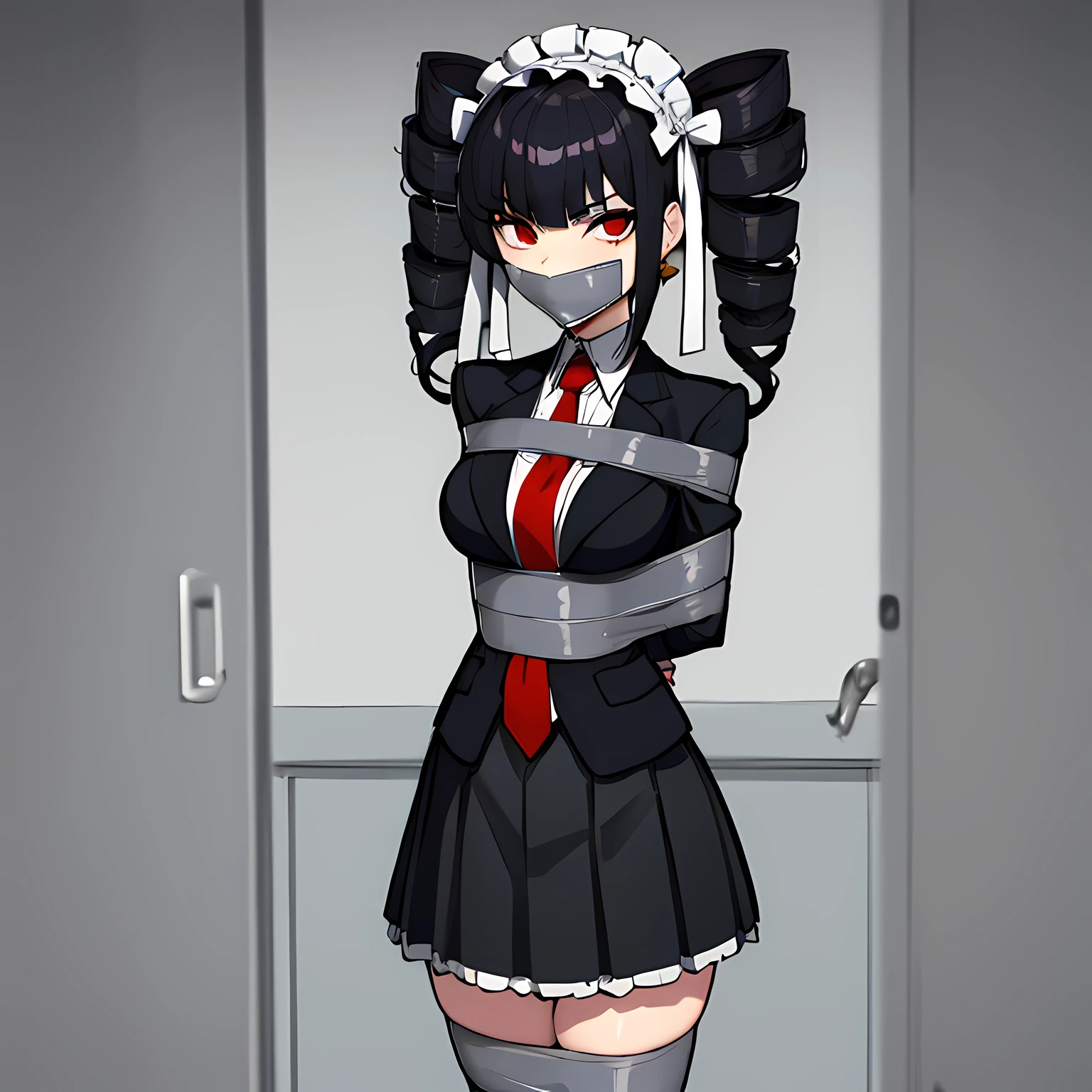 (absurdres, 8k, 4k, masterpiece, hyper extreme detailed:1.2), solo, front view portrait, best quality, portrait, solo, adult, cowboyshot, perfect anatomy, 1girl, perfect face, expressive eyes, perfect eyes ,celestia ludenberg, black hair, bonnet, drill hair, earrings, long hair, (red eyes:1.5), twin drills, twintails, bonnet, card, frills, gothic, jacket, jewelry, gothic fashion, long sleeves, necktie, red necktie, shirt, white shirt, half body, casino background, bound, bondage, (arms behind back:1.4), bdsm, tape gag, tape, tape bondage, restrained, best anatomy, half body, tape wrapped, wrap gag, tightly bound, tape wrapped around face, black skirt, solo, 1girl