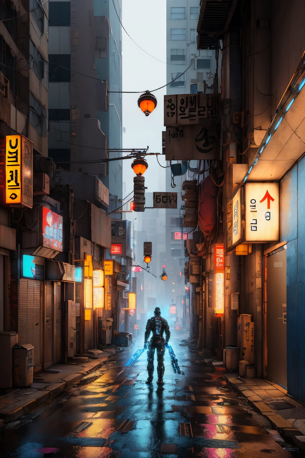 lonely ally in Seoul, cyberpunk city from sci-fi movie, empty street, Korean, Korean signs, intricate, hyper-detailed, realistic, ultra-realistic, high quality, ultra detail, crazy detail, photo realism, 8k