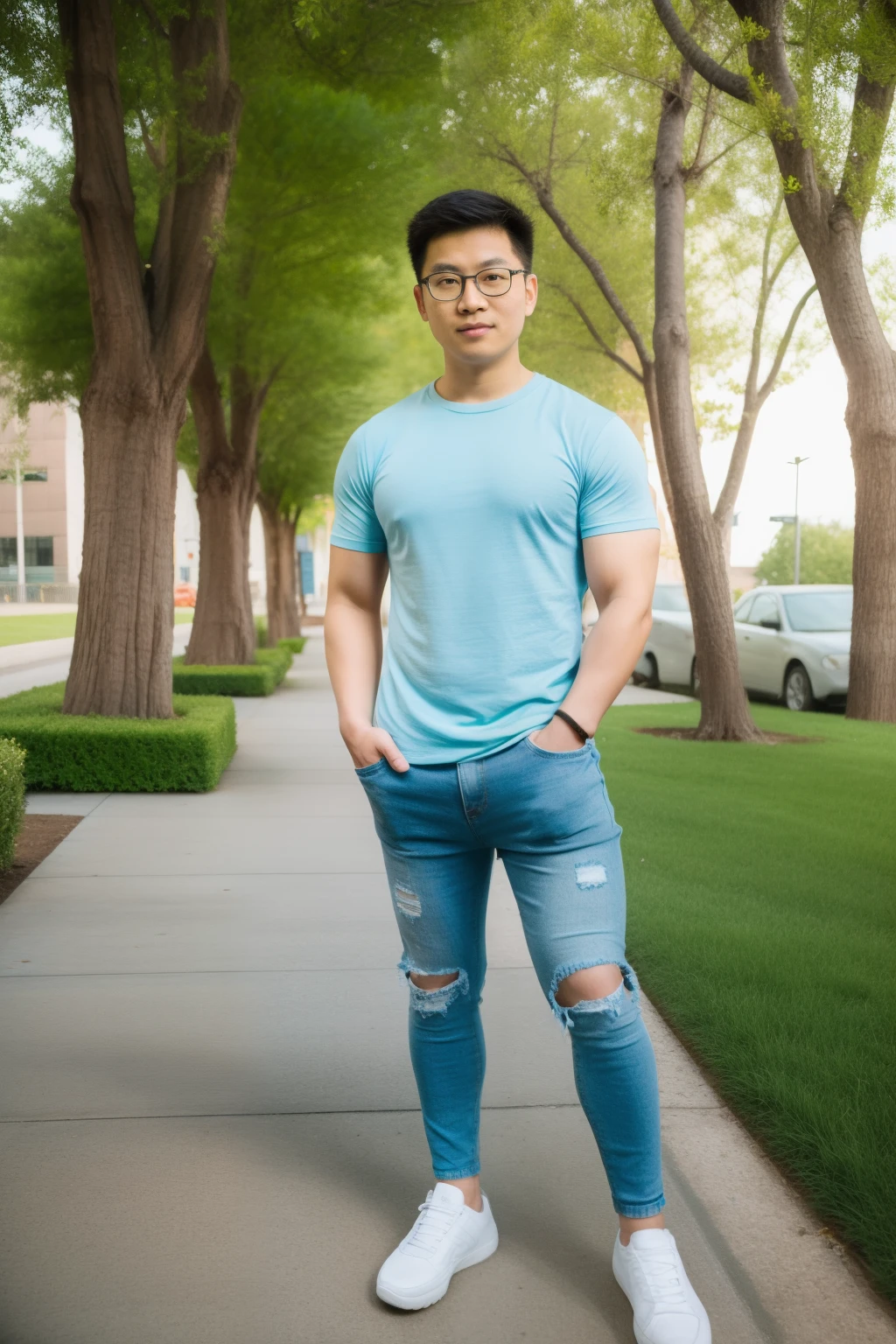 Andrew thomas huang, oval face, eyeglasses, neat muscular,colors tshirt, (bulge), ripped jeans, sneakers, random places, random pose