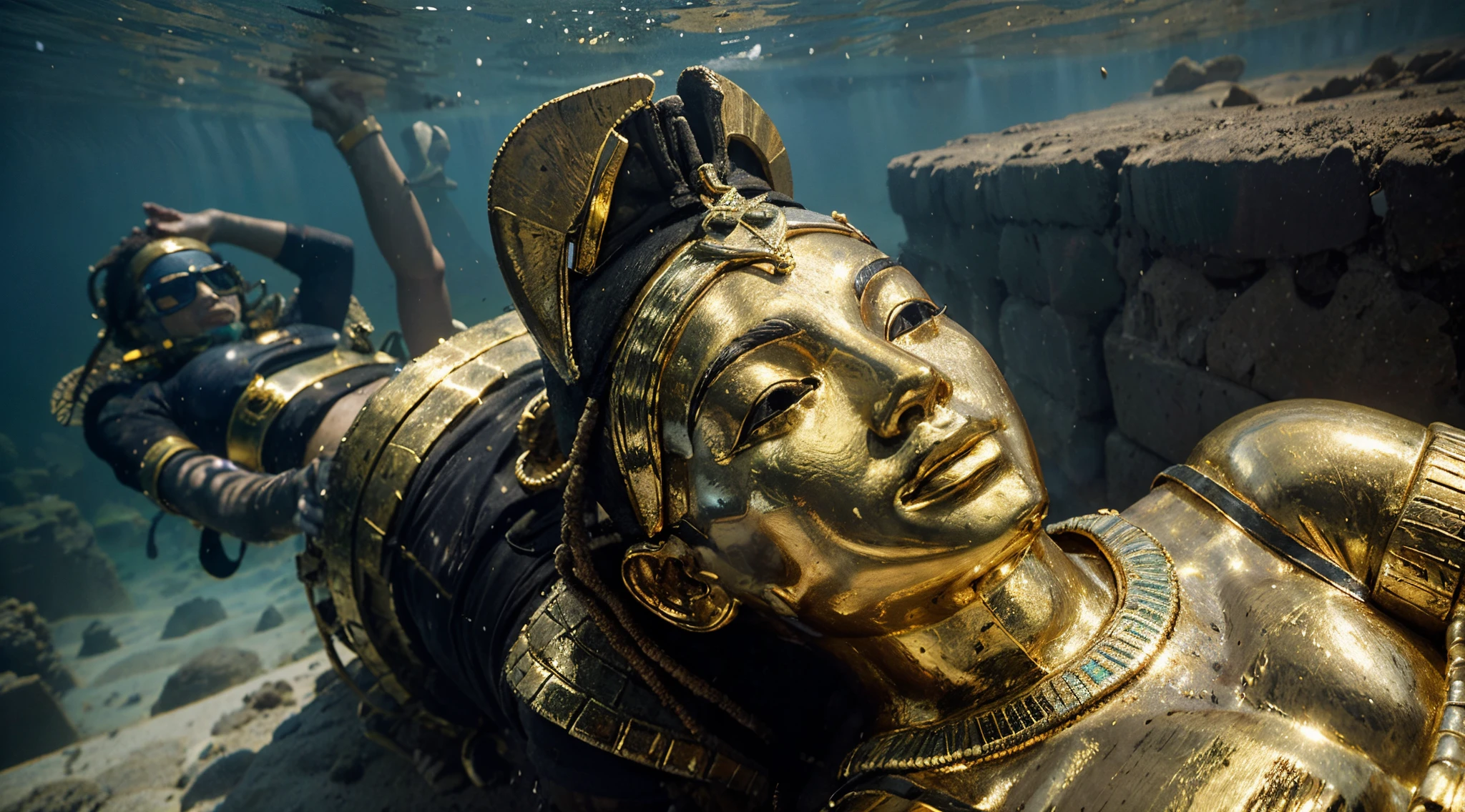 "Imagine yourself exploring an underwater archaeological site on the Nile River, desenterrando tesouros de ouro escondidos nas profundezas. Crie uma imagem ultra realista desses artefatos, Like gleaming funerary masks, Golden statuettes of pharaohs and shiny ancient coins."