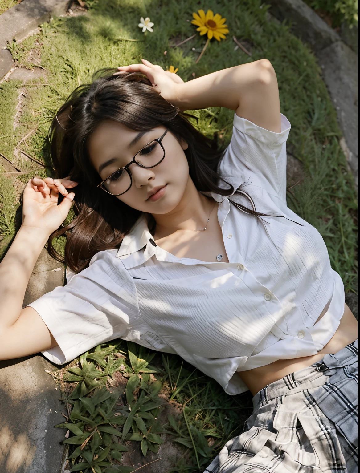 asian young girl,  wear glasses, sleeping in the park, Lying down and sleeping on the grass, Shirt with open buttons showing breasts, very short skirt, realistic