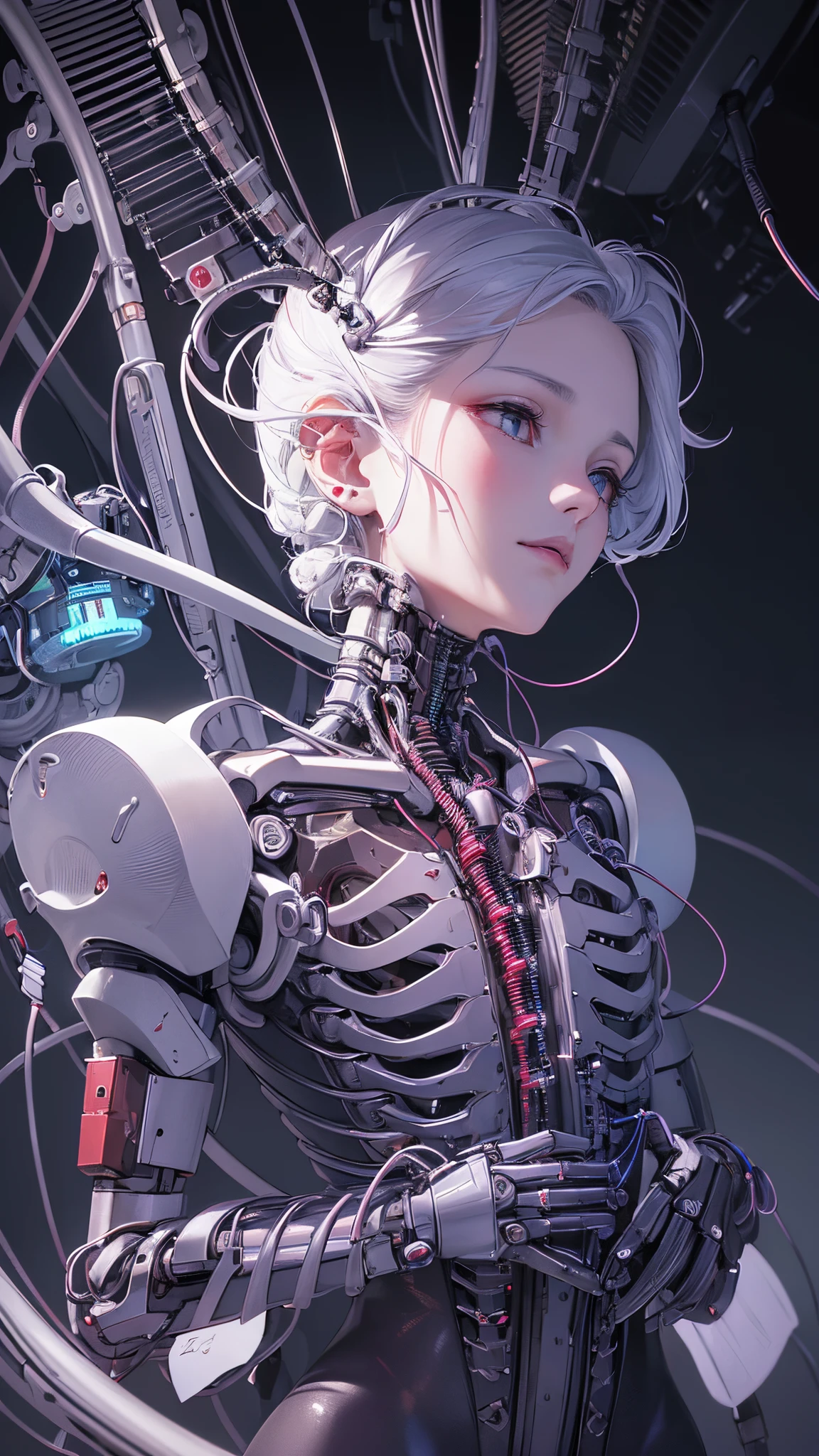 (((tmasterpiece))), ((((Best quality at best)))), (((ultra - detailed))), (Highly detailed CG illustration), ((Extremely Delicately Beautiful)),(Cute and delicate face),电影灯光,((1 mechanical girl)),Alone,full bodyesbian,(Machine made joints:1.4),((Mechanical limb)),(The blood vessels are connected to the tube),((Mechanical vertebrae attach to the back)),((The mechanical cervical vertebrae are attached to the neck)),((sitted)),face expressionless,(wires and cables attached to head and body:1.5),(Character focus),scientific fiction, , high-heels, neon blue halo