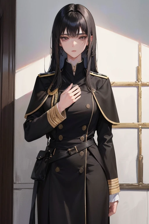 (Top resolution, Distinct_image) Best Quality, Woman, masutepiece, high detailing, Semi-realistic, Short black hair, Black hair, Bangs, 21 years old, shoulder-length hair, Mature, 年轻, Black clothes, Black uniform, The beauty of the military academy、Heroic heroic posture、Interior background、Exquisite and exquisite facial features