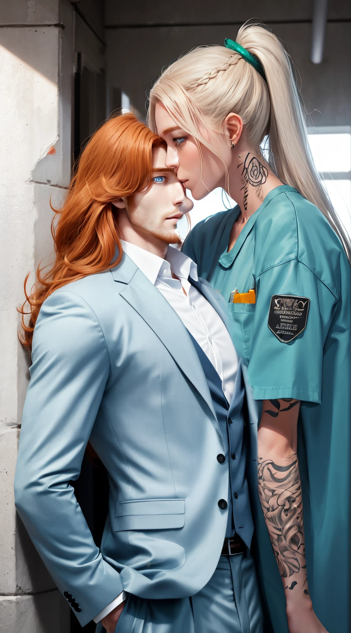 WebToon style. Manga. Tall male with long ginger hair,. wearing professional clothing. light blue eyes. Staring down at her.Soft smile. muscular.
