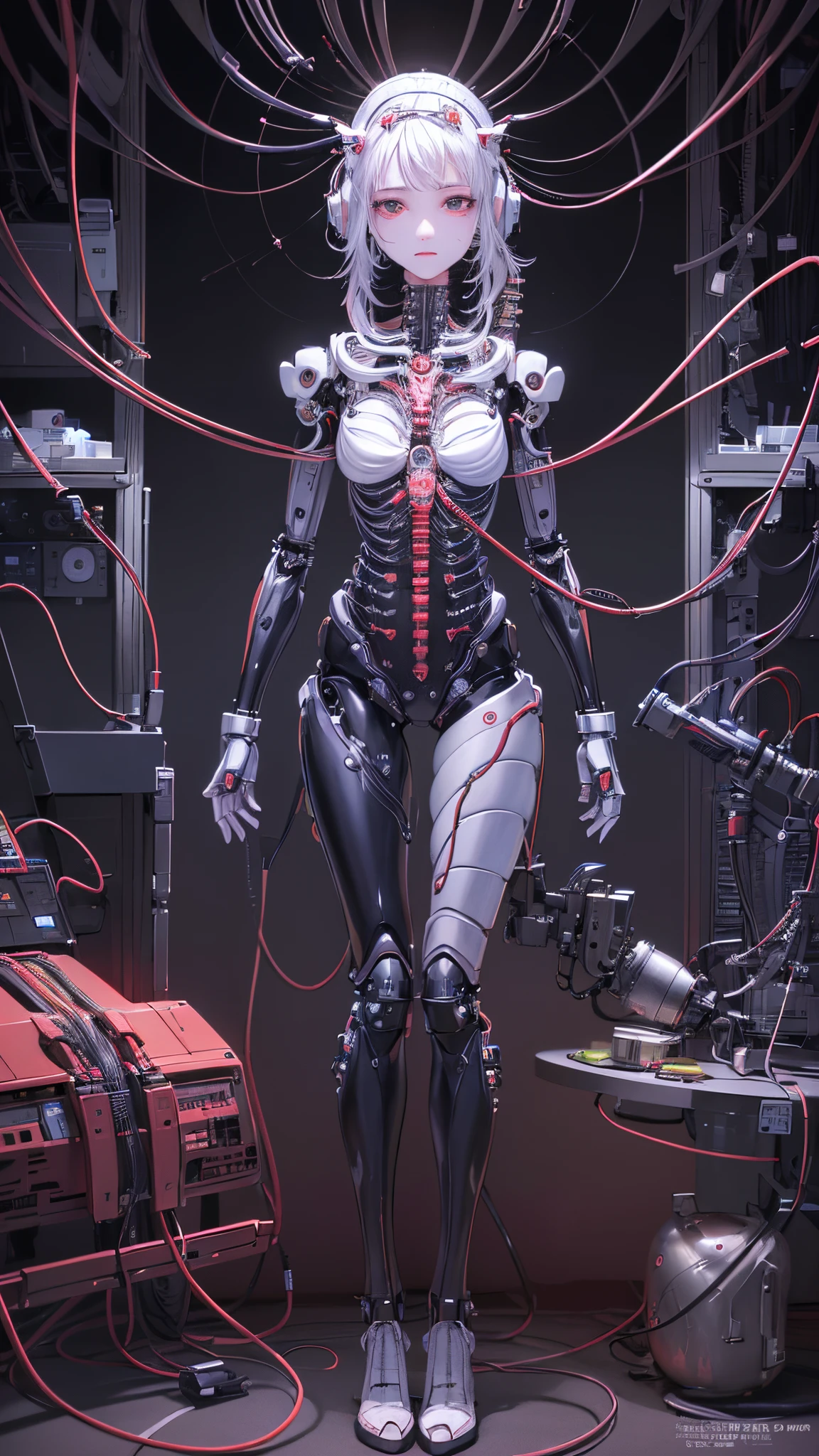 A beautiful woman with a black mechanical body, standing in the darkness, long black shiny hair, clear blue inorganic eyes, white skin, a highly detailed and realistic mechanical body with red blood vessel-like tubes connected across the neck, spine, and waist, creating a striking contrast, the woman's body arched back, impersonal medical expression, beautiful skin and eyes, the artistic expression of the machine-like body and the luminous tubes, lit by a mysterious blue light from the black background,A back view showing the whole body, cinema lighting, studio lighting, 4k 8k masterpiece, ultra detailed, 3D CG concept art,Android