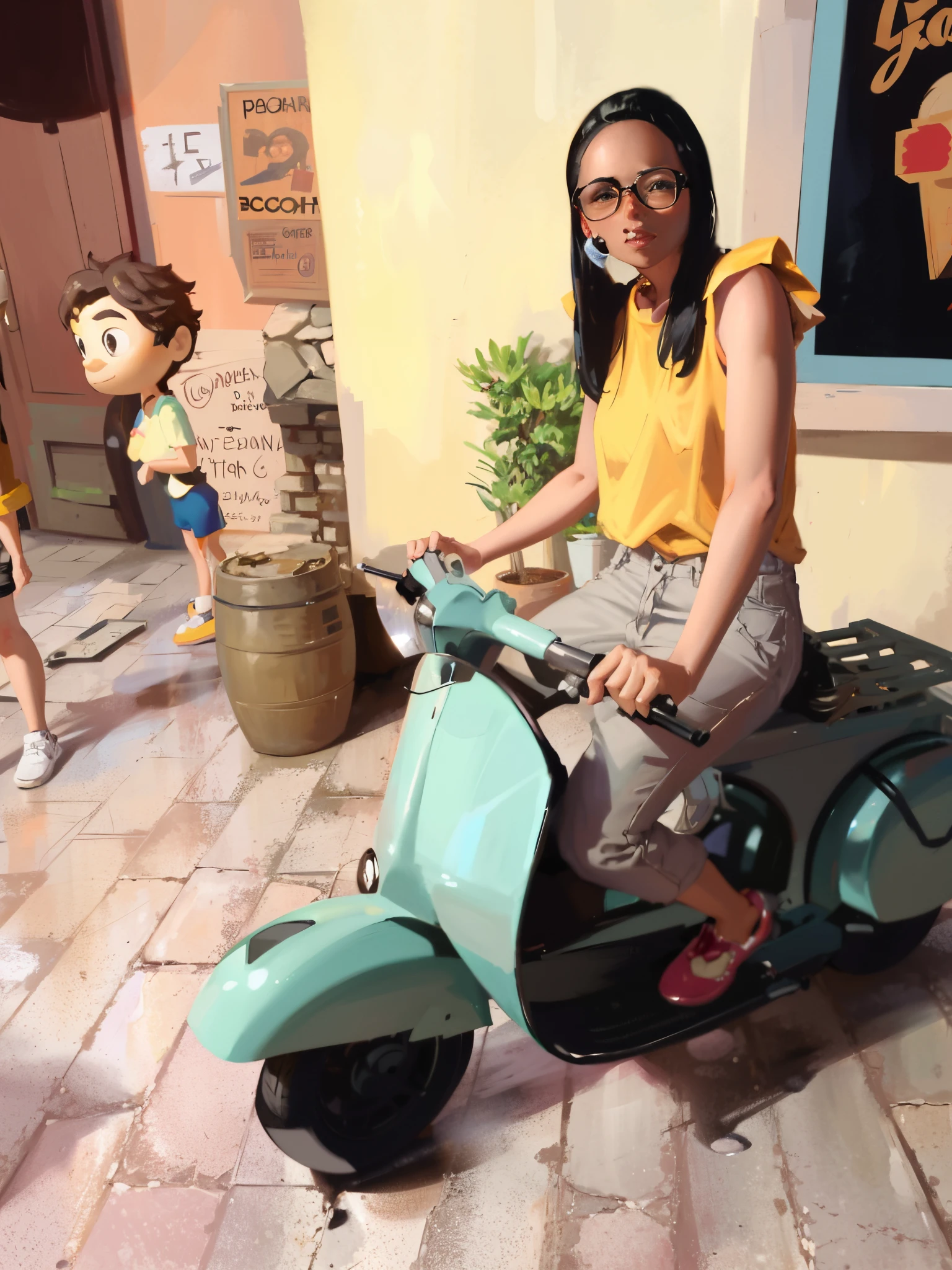 woman sitting on a scooter in front of a store with a statue of a man and a woman, Andar na scooter do ciclomotor, figura de cera, ciclomotor, na disney, andar de moto, Foto POV, Disney Studios, 🕹️ 😎 🔫 🤖 🚬, sentado em uma motocicleta, Nos bastidores, como um personagem claymation, pose divertida