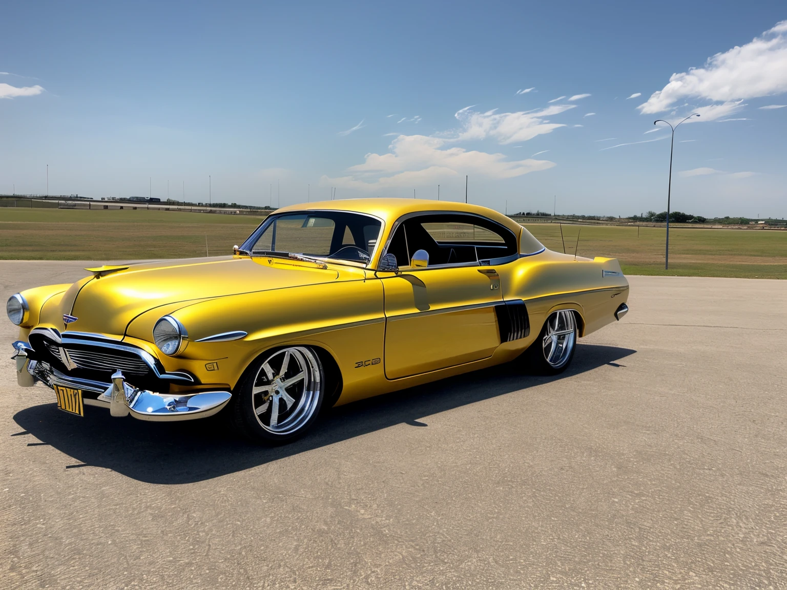 DIAGONAL CAMERA, obra prima, A beautiful 18 years old girl that driving a mercury monterey 1950 , hotrod, hotrod,, COR vinho cromado METALICO reflexivo, cor vinho, estilo stalone cobra , a pintura reflete a luz do sol, reflexo do brilho da luz na pintura, has GOLDEN WIDE STAR WHEEL is on fire, rodas grossas e largas, ridiculously lowered suspension at the front, dentro de uma garagem com paredes brancas, imagem em pose diagonal