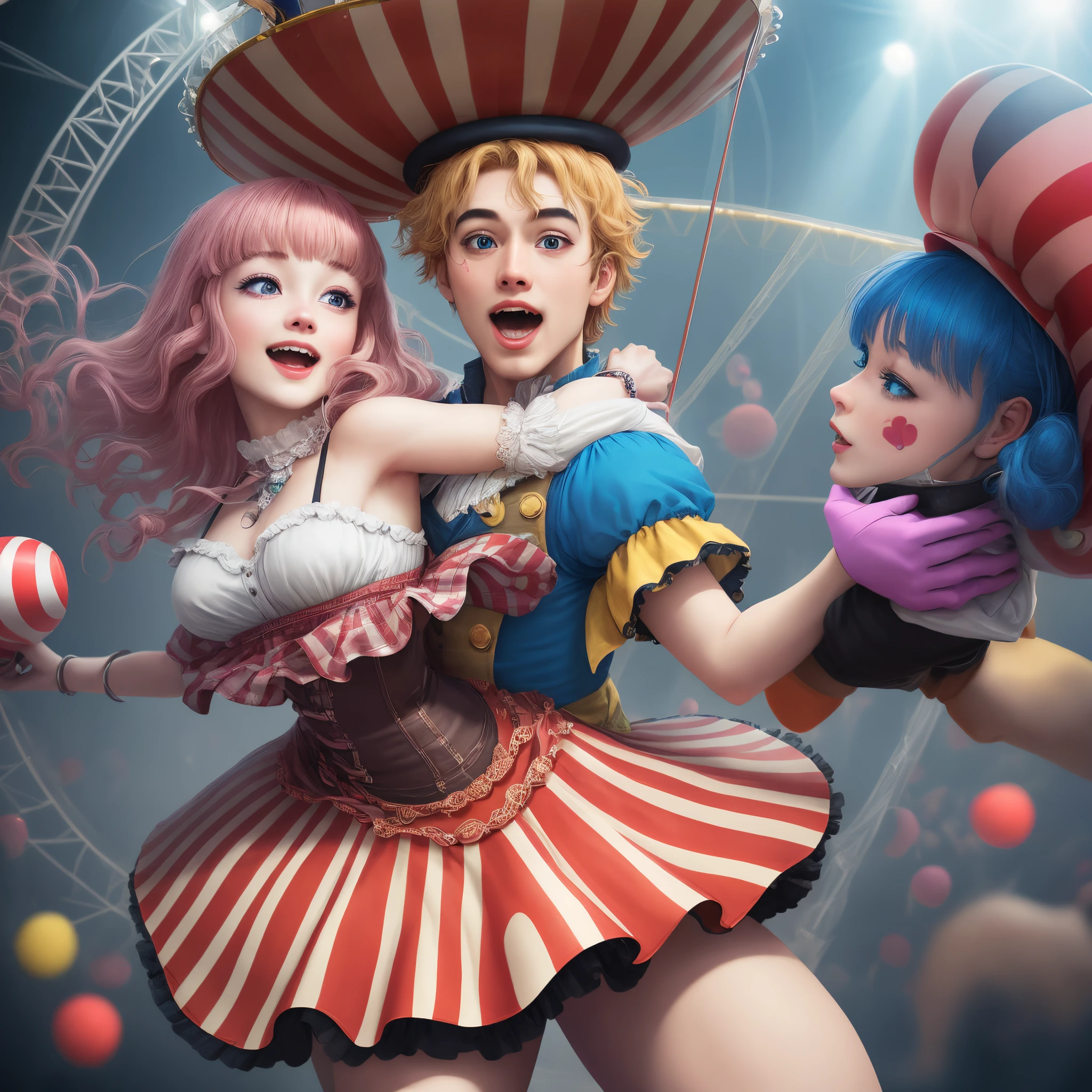 "((masterpiece)), best quality, breathtakingly vivid Carnival of Venice, colorful masks and costumes, vibrant energy, dynamic movement and poses, intricately detailed feathers, sparkling beads and sequins, lively street scene, immersive atmosphere, magical essence, wide shot, backlighting, full of life and excitement."
